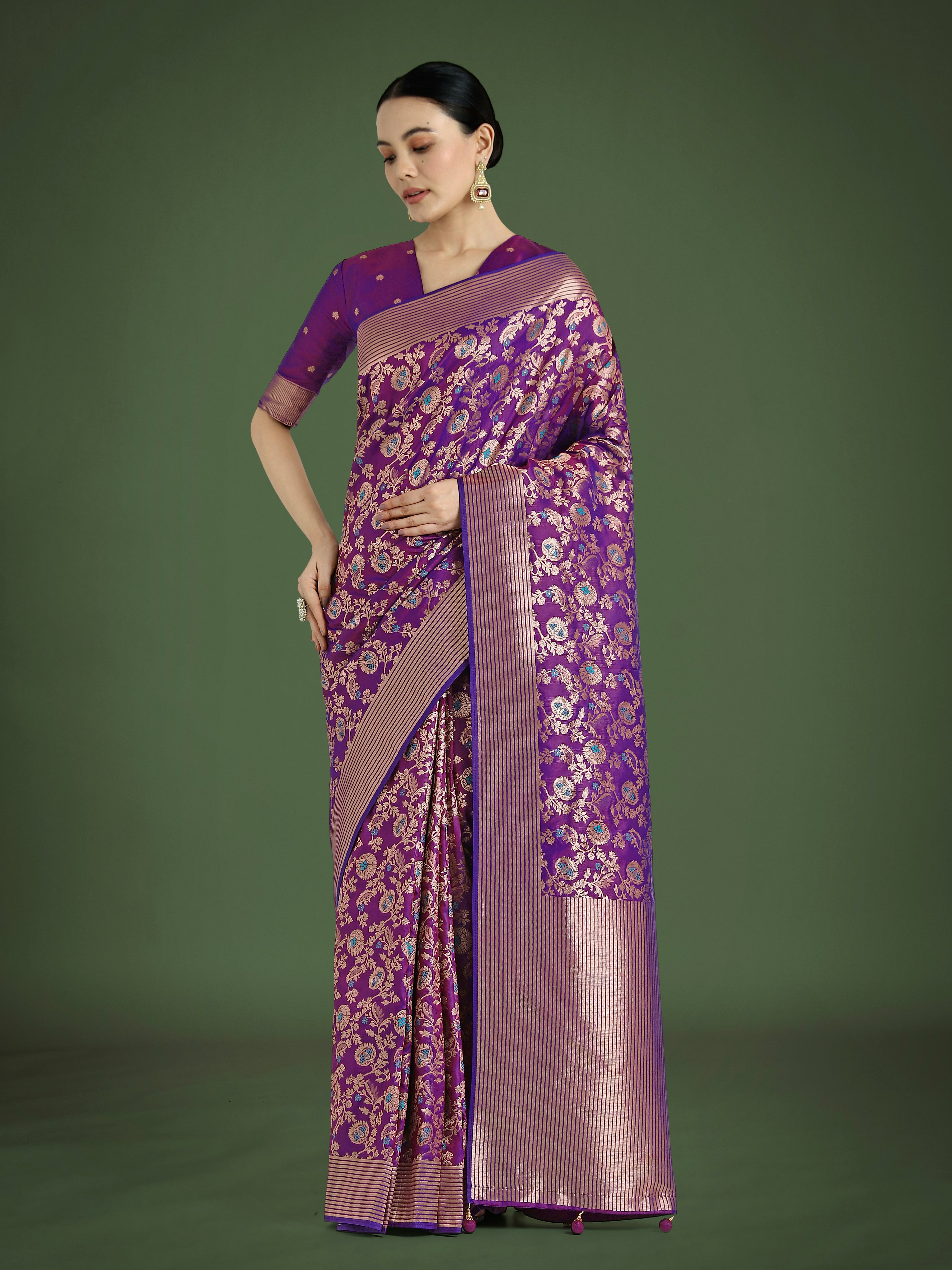 Monjolika Fashion Banarasi Silk Purple Zaal Pattern Traditional Saree