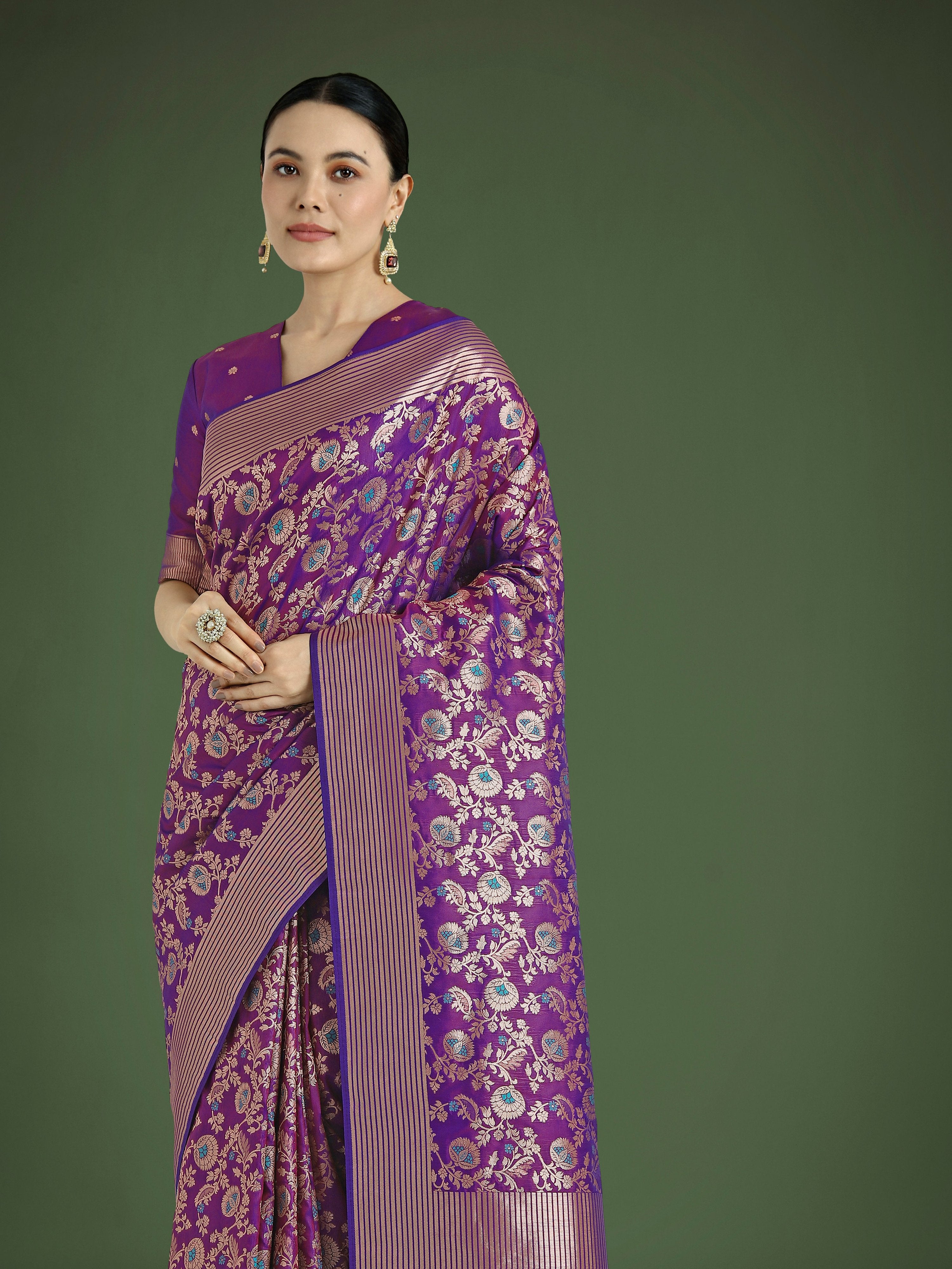 Monjolika Fashion Banarasi Silk Purple Zaal Pattern Traditional Saree