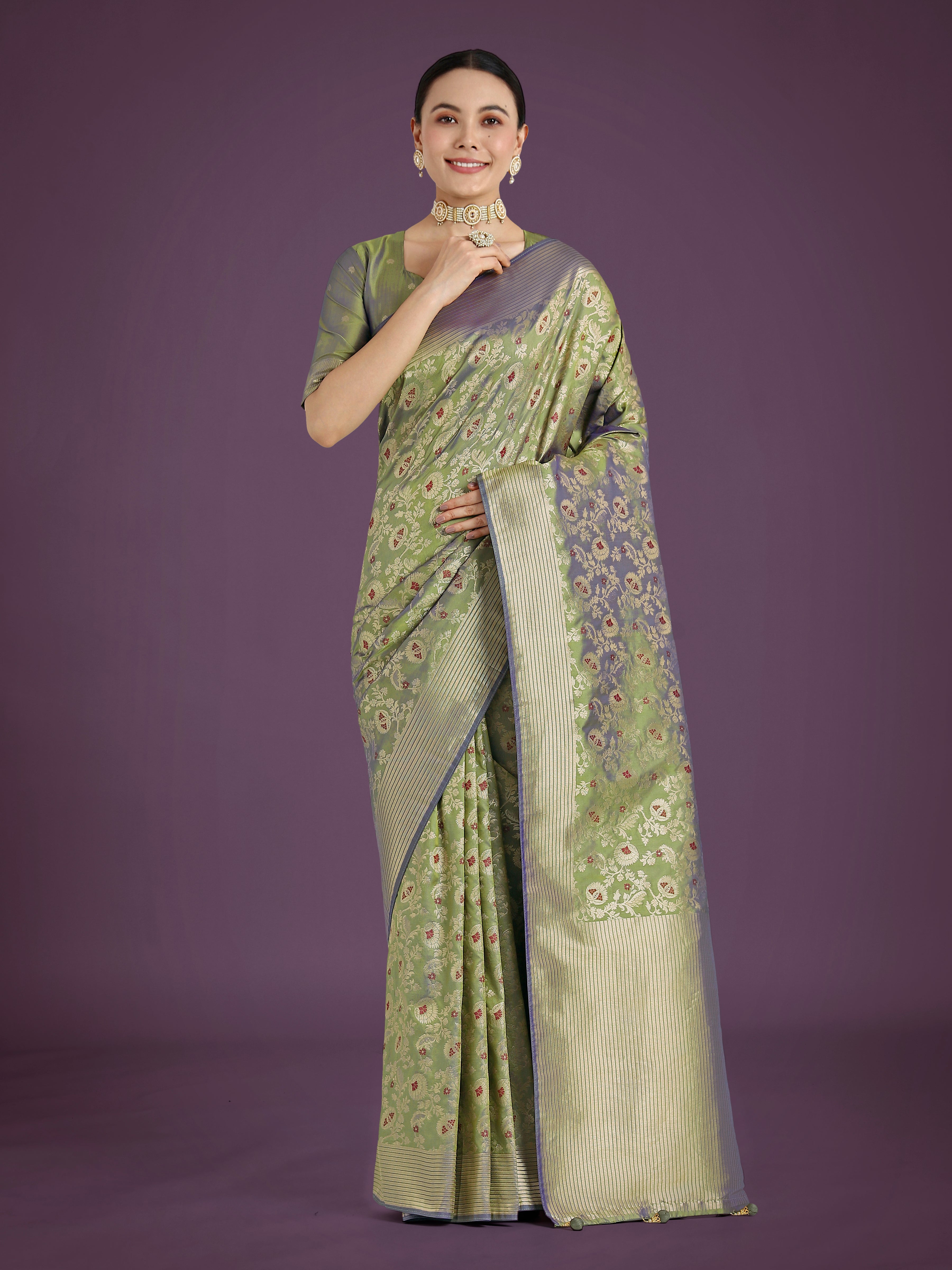 Monjolika Fashion Banarasi Silk Olive Zaal Pattern Traditional Saree