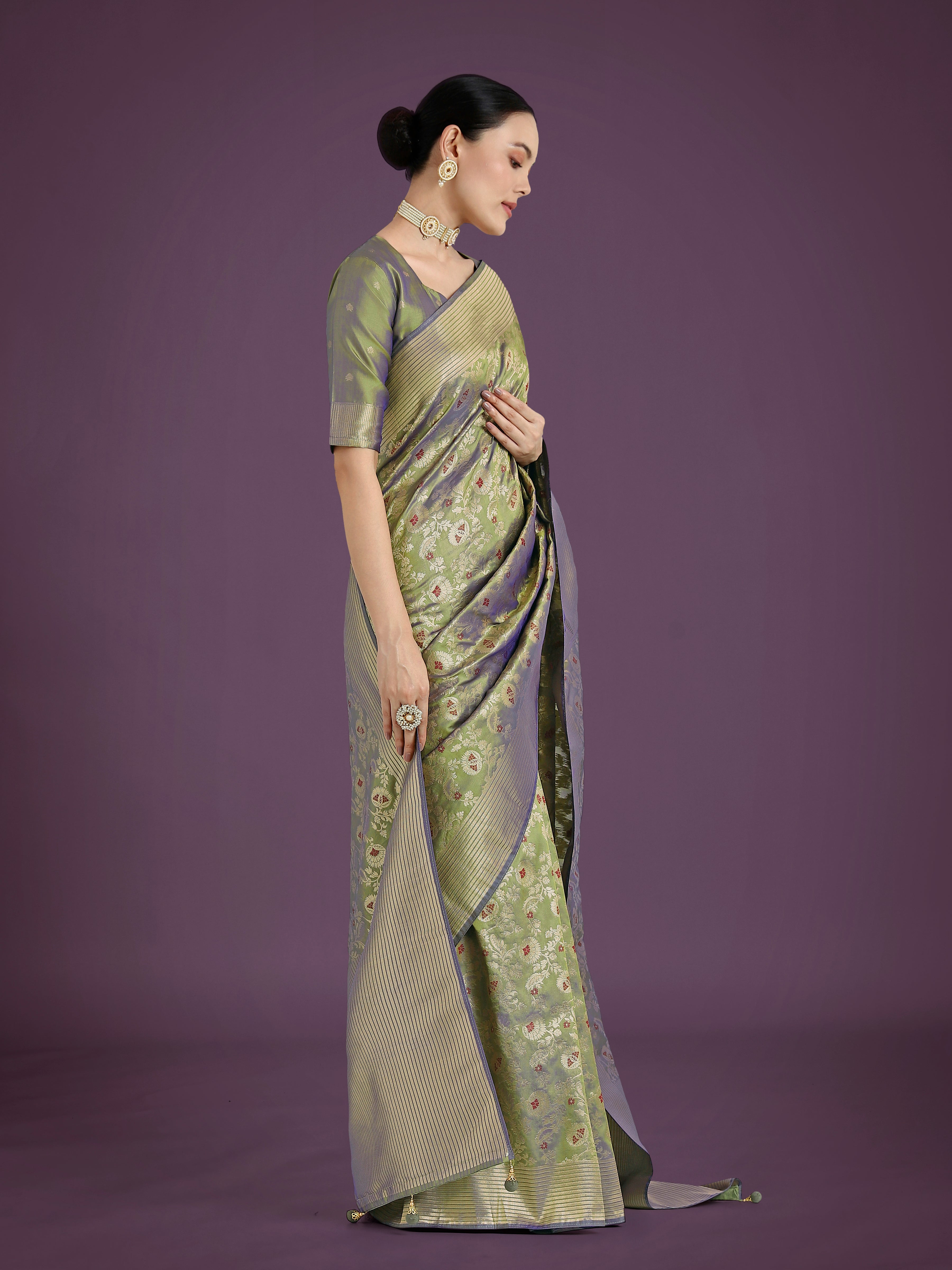 Monjolika Fashion Banarasi Silk Olive Zaal Pattern Traditional Saree