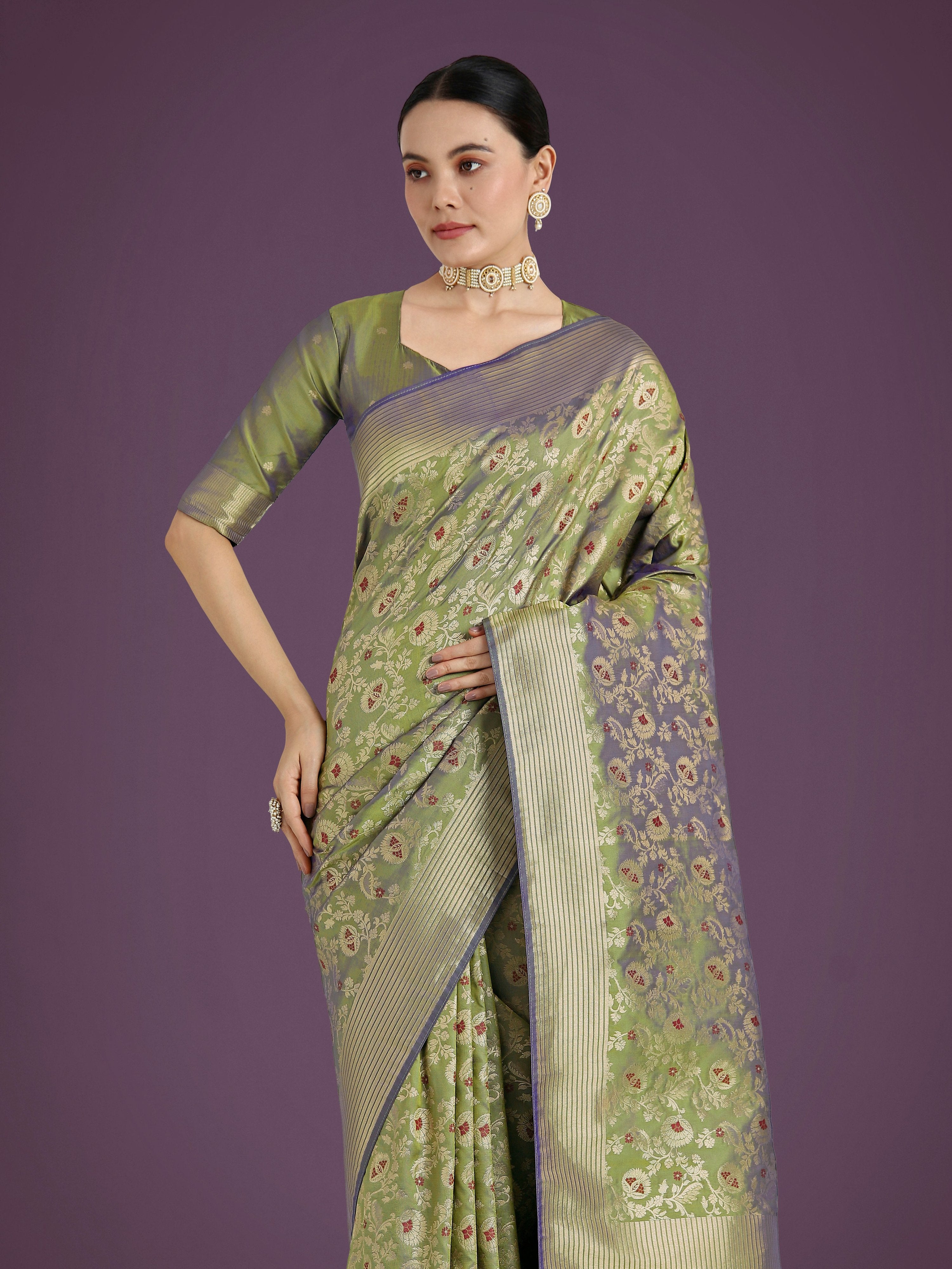 Monjolika Fashion Banarasi Silk Olive Zaal Pattern Traditional Saree