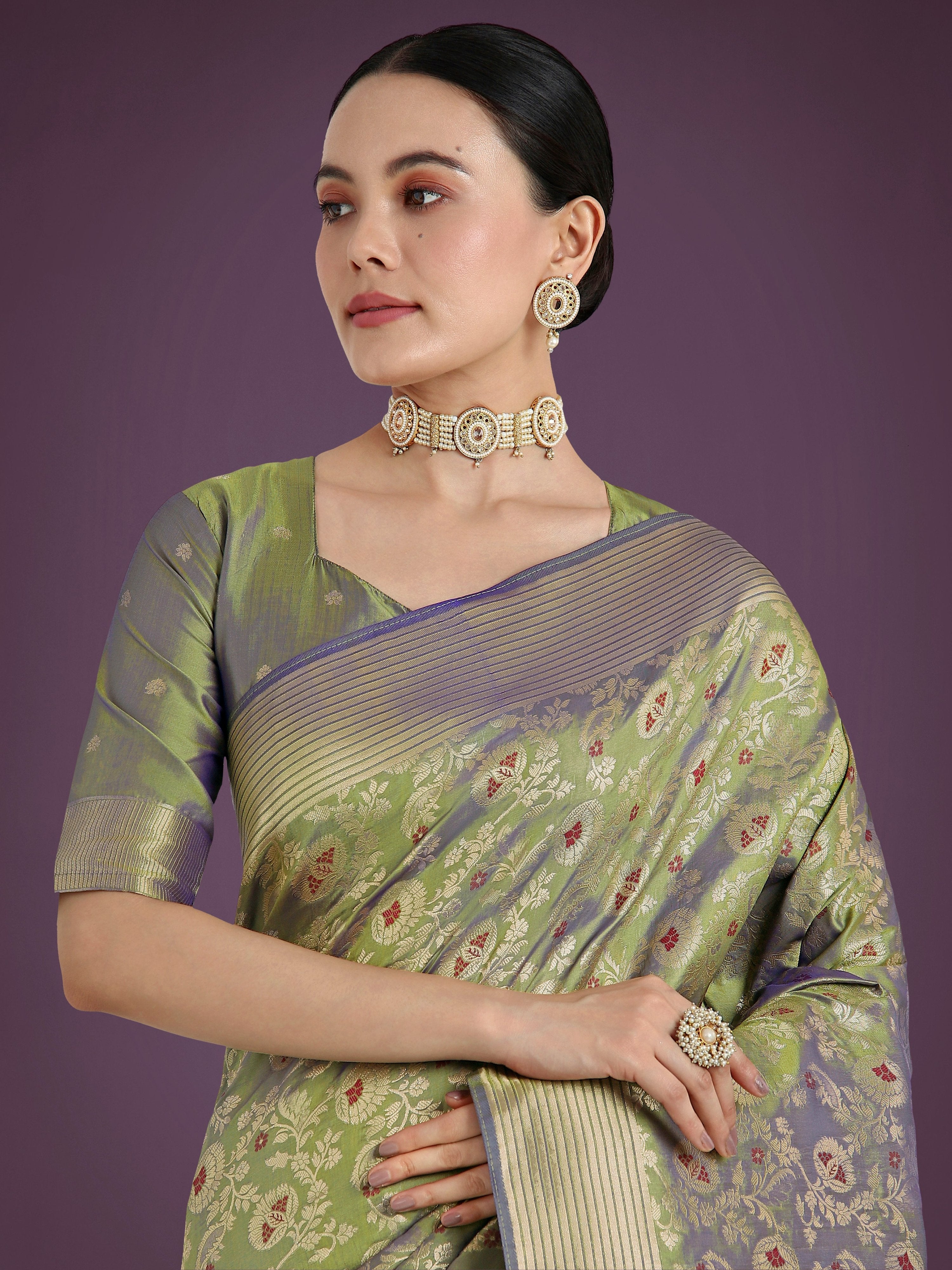 Monjolika Fashion Banarasi Silk Olive Zaal Pattern Traditional Saree
