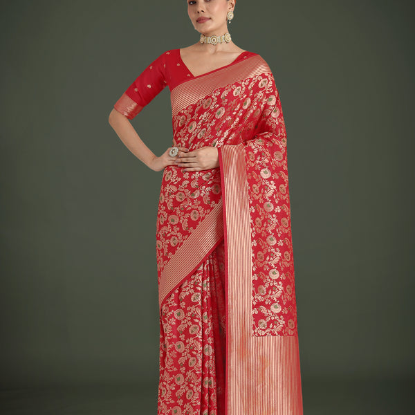 Monjolika Fashion Banarasi Silk Red Zaal Pattern Traditional Saree - Distacart