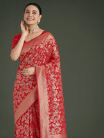 Thumbnail for Monjolika Fashion Banarasi Silk Red Zaal Pattern Traditional Saree