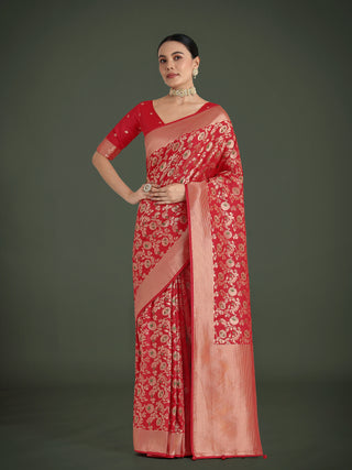 Monjolika Fashion Banarasi Silk Red Zaal Pattern Traditional Saree