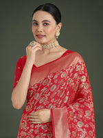 Thumbnail for Monjolika Fashion Banarasi Silk Red Zaal Pattern Traditional Saree