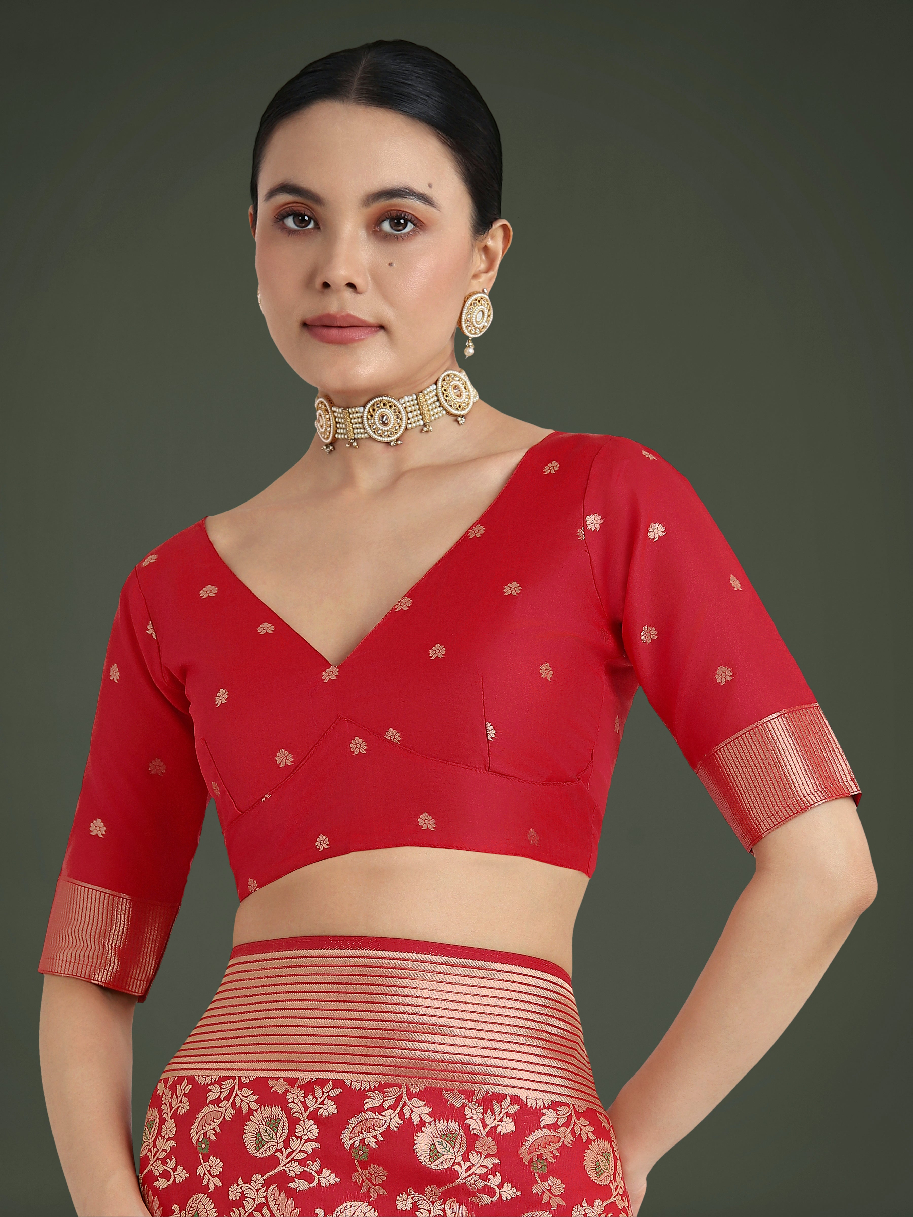 Monjolika Fashion Banarasi Silk Red Zaal Pattern Traditional Saree