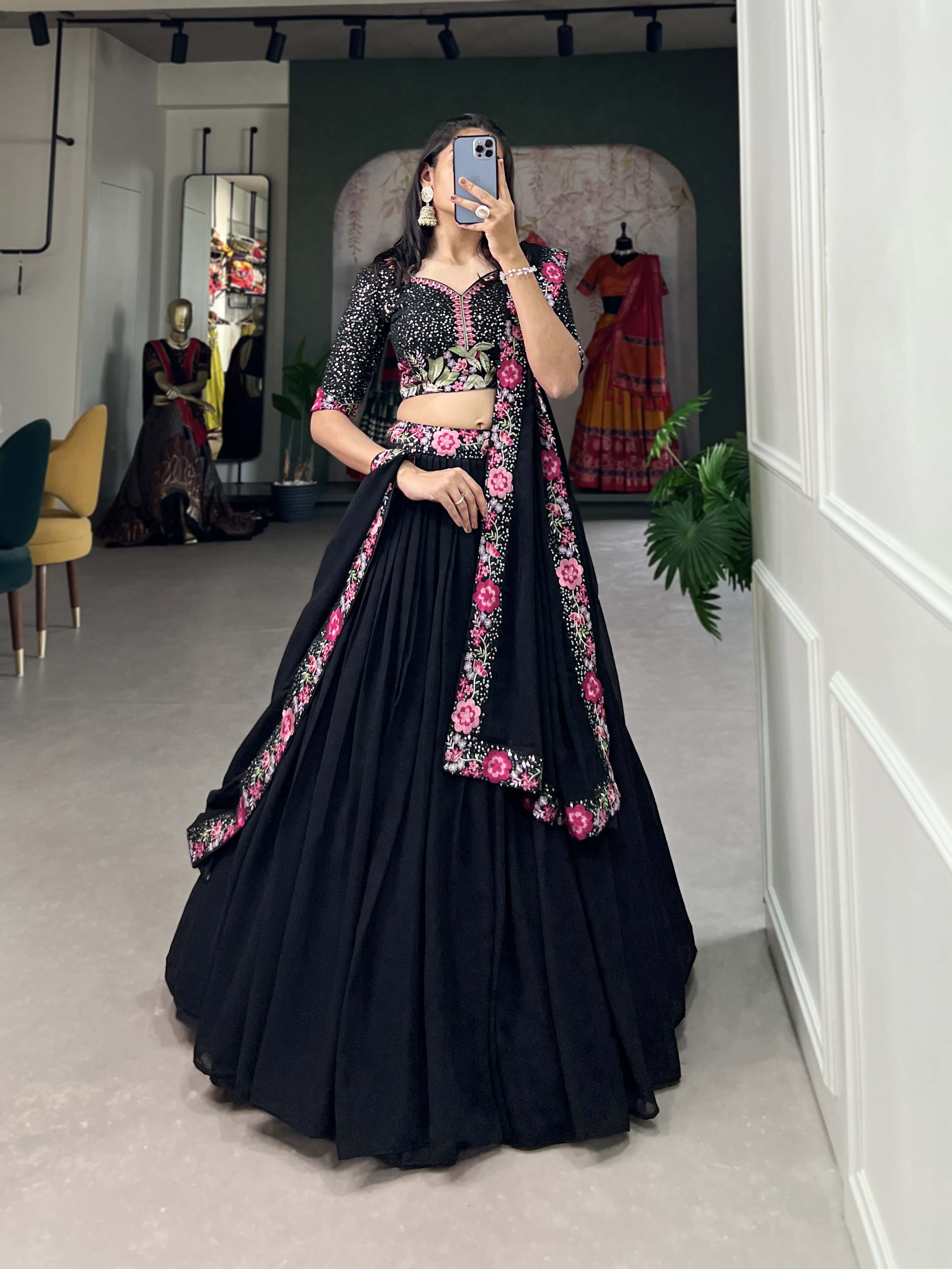 Lorenvalley Black Georgette Plain with Sequins and Thread Embroidery Work Belt Lehenga Choli with Dupatta - Distacart