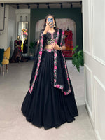 Thumbnail for Lorenvalley Black Georgette Plain with Sequins and Thread Embroidery Work Belt Lehenga Choli with Dupatta