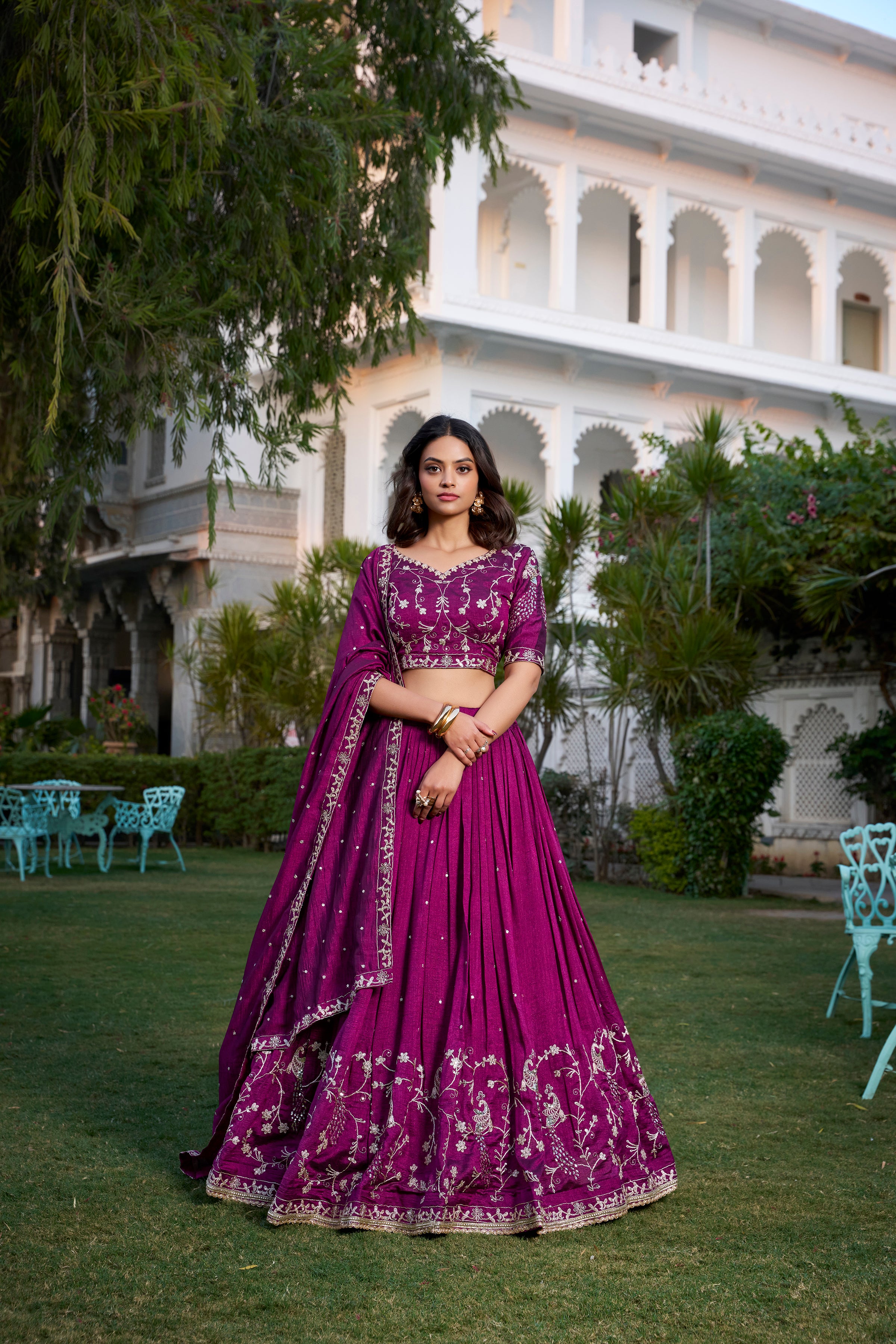 Lorenvalley Purple Vichitra Silk Sequins and Thread Embroidery Work With Lace Border Lehenga Choli - Distacart