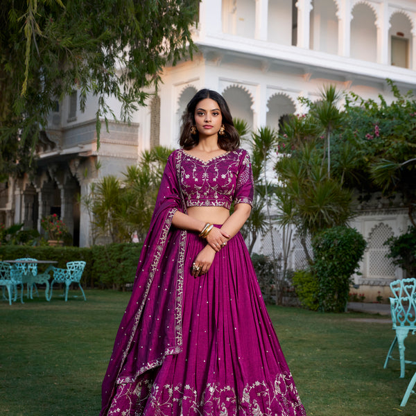 Lorenvalley Purple Vichitra Silk Sequins and Thread Embroidery Work With Lace Border Lehenga Choli - Distacart