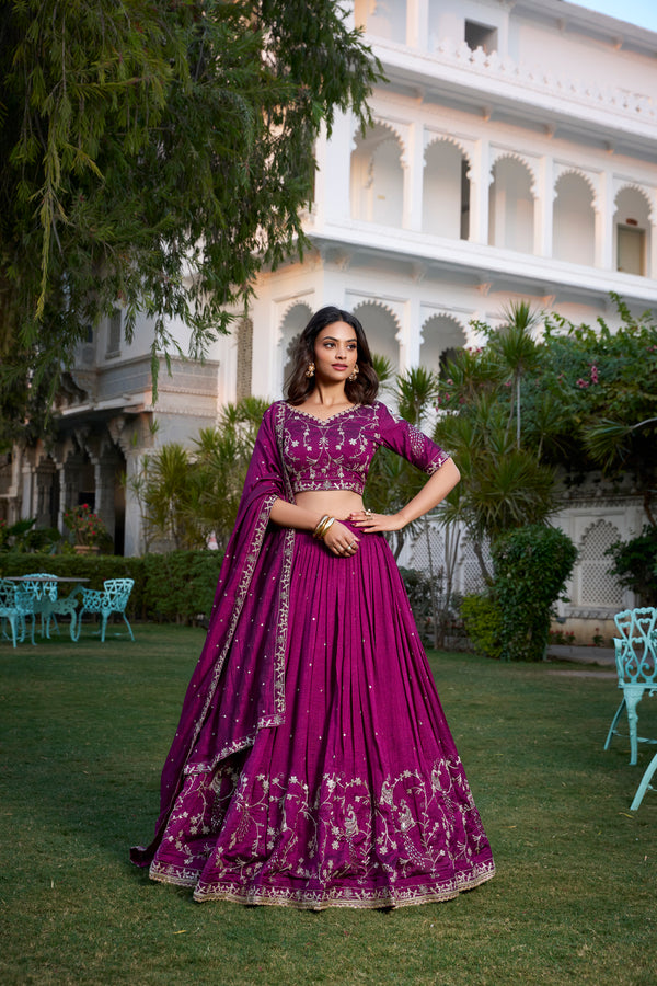 Lorenvalley Purple Vichitra Silk Sequins and Thread Embroidery Work With Lace Border Lehenga Choli - Distacart