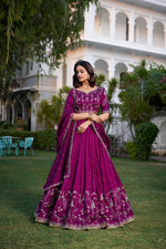 Thumbnail for Lorenvalley Purple Vichitra Silk Sequins and Thread Embroidery Work With Lace Border Lehenga Choli - Distacart