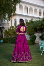 Thumbnail for Lorenvalley Purple Vichitra Silk Sequins and Thread Embroidery Work With Lace Border Lehenga Choli - Distacart