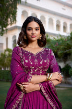Thumbnail for Lorenvalley Purple Vichitra Silk Sequins and Thread Embroidery Work With Lace Border Lehenga Choli - Distacart