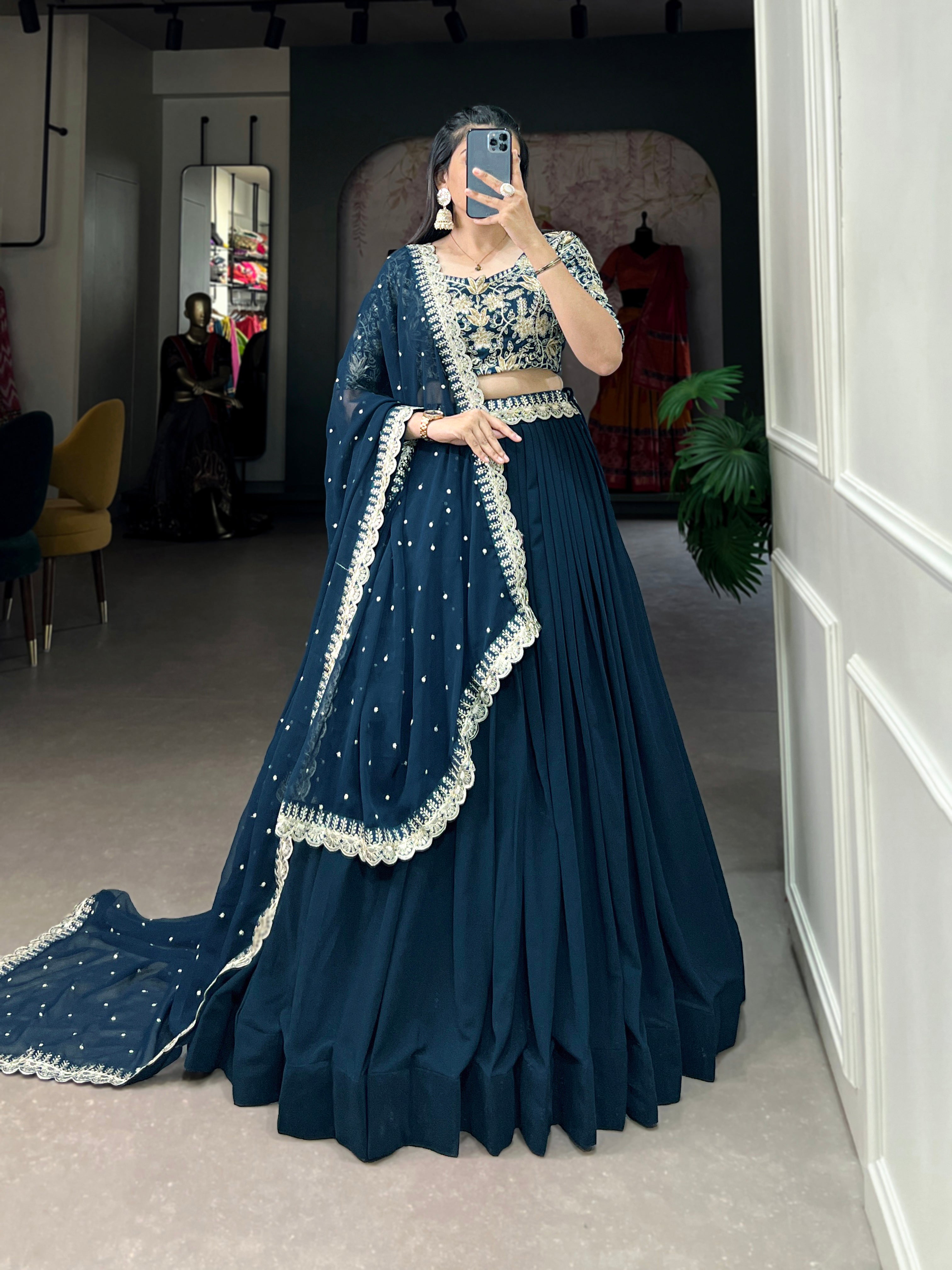 Lorenvalley Teal Georgette Plain with Sequins and Thread Embroidery Work Belt Lehenga Choli - Distacart
