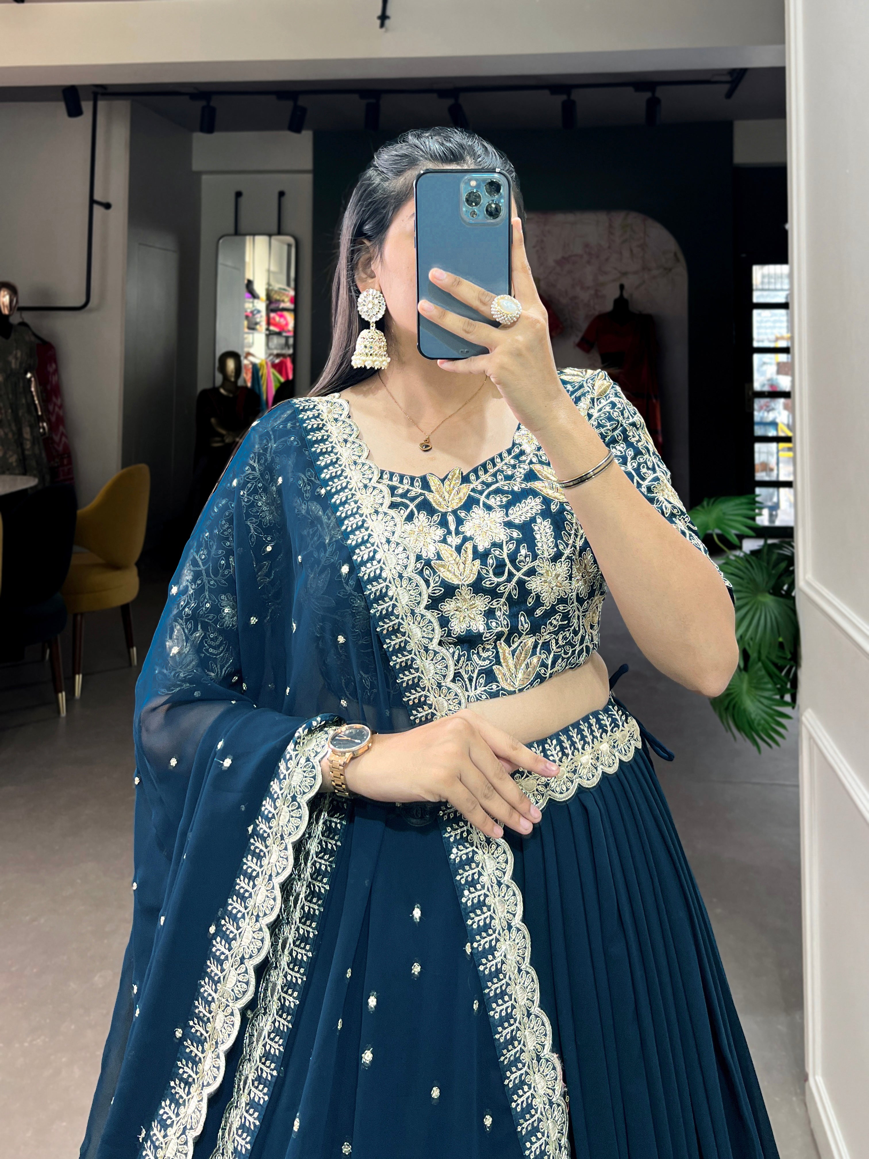 Lorenvalley Teal Georgette Plain with Sequins and Thread Embroidery Work Belt Lehenga Choli - Distacart