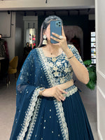 Thumbnail for Lorenvalley Teal Georgette Plain with Sequins and Thread Embroidery Work Belt Lehenga Choli - Distacart
