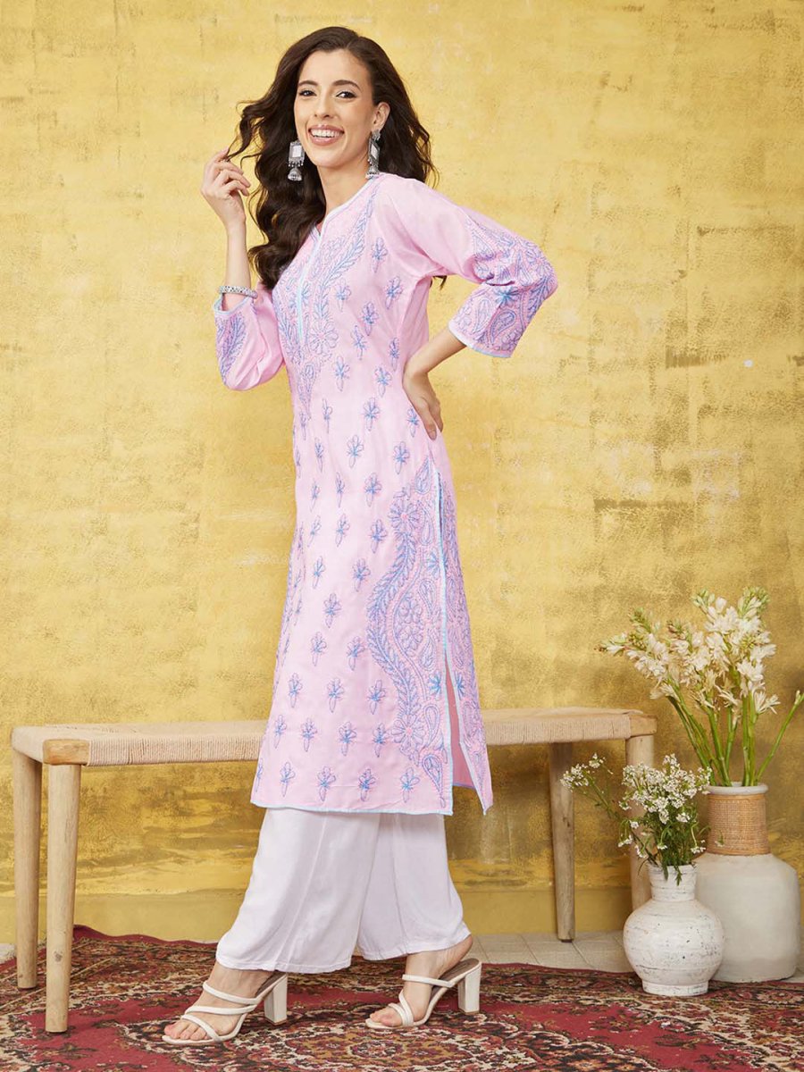 ADA Women Pink & Blue Chikankari Hand Embroidered Semi-Sheer Straight Sustainable Handloom Kurta - Distacart
