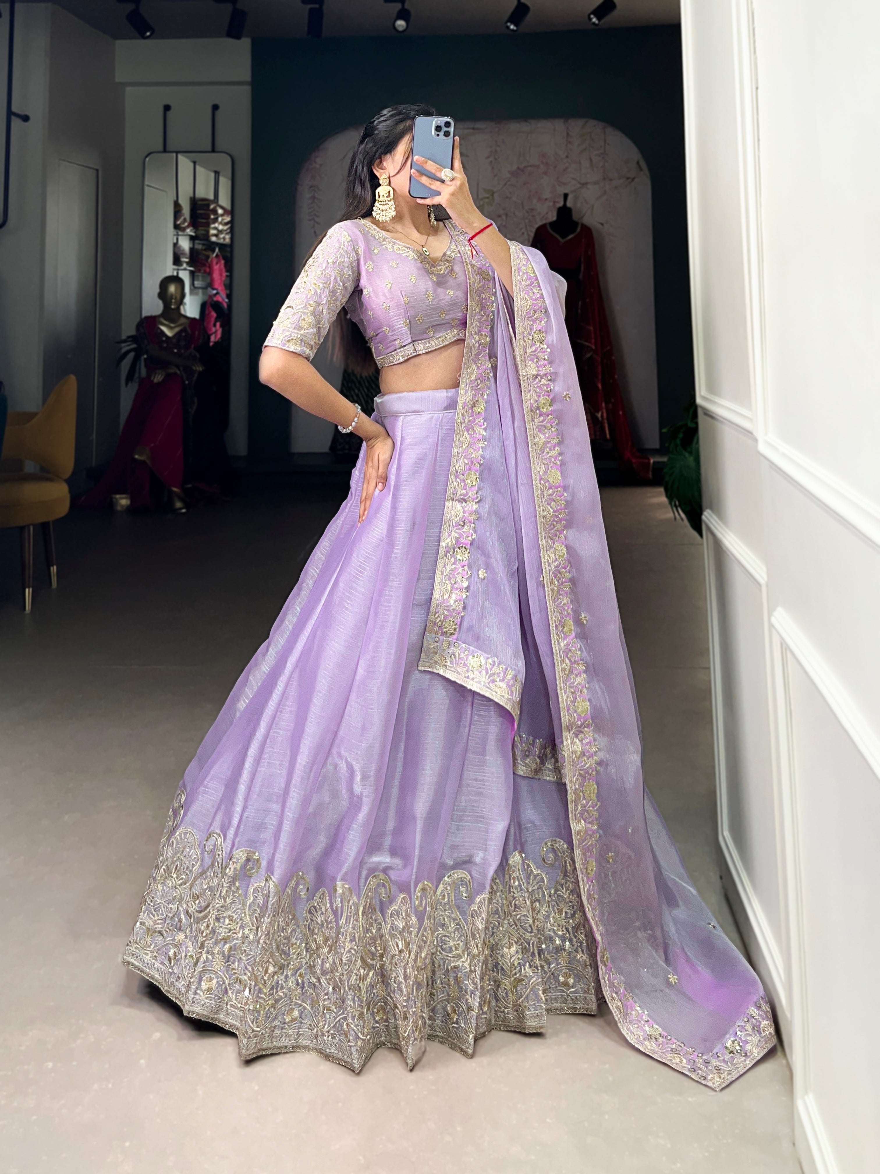 Lorenvalley Lavender Burberry Silk Sequins Embroidery Work Lace Border Lehenga Choli - Distacart