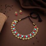 Thumbnail for Tehzeeb Creations Sky Blue & Pink Colour Gold-Polished Stone Jewellery Choker Necklace Set With Matching Pair of Stud Earrings - Distacart