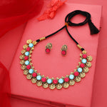 Thumbnail for Tehzeeb Creations Sky Blue & Pink Colour Gold-Polished Stone Jewellery Choker Necklace Set With Matching Pair of Stud Earrings - Distacart