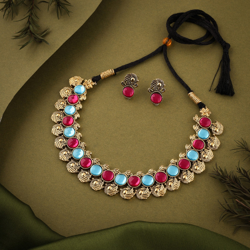 Tehzeeb Creations Sky Blue & Pink Colour Gold-Polished Stone Jewellery Choker Necklace Set With Matching Pair of Stud Earrings - Distacart