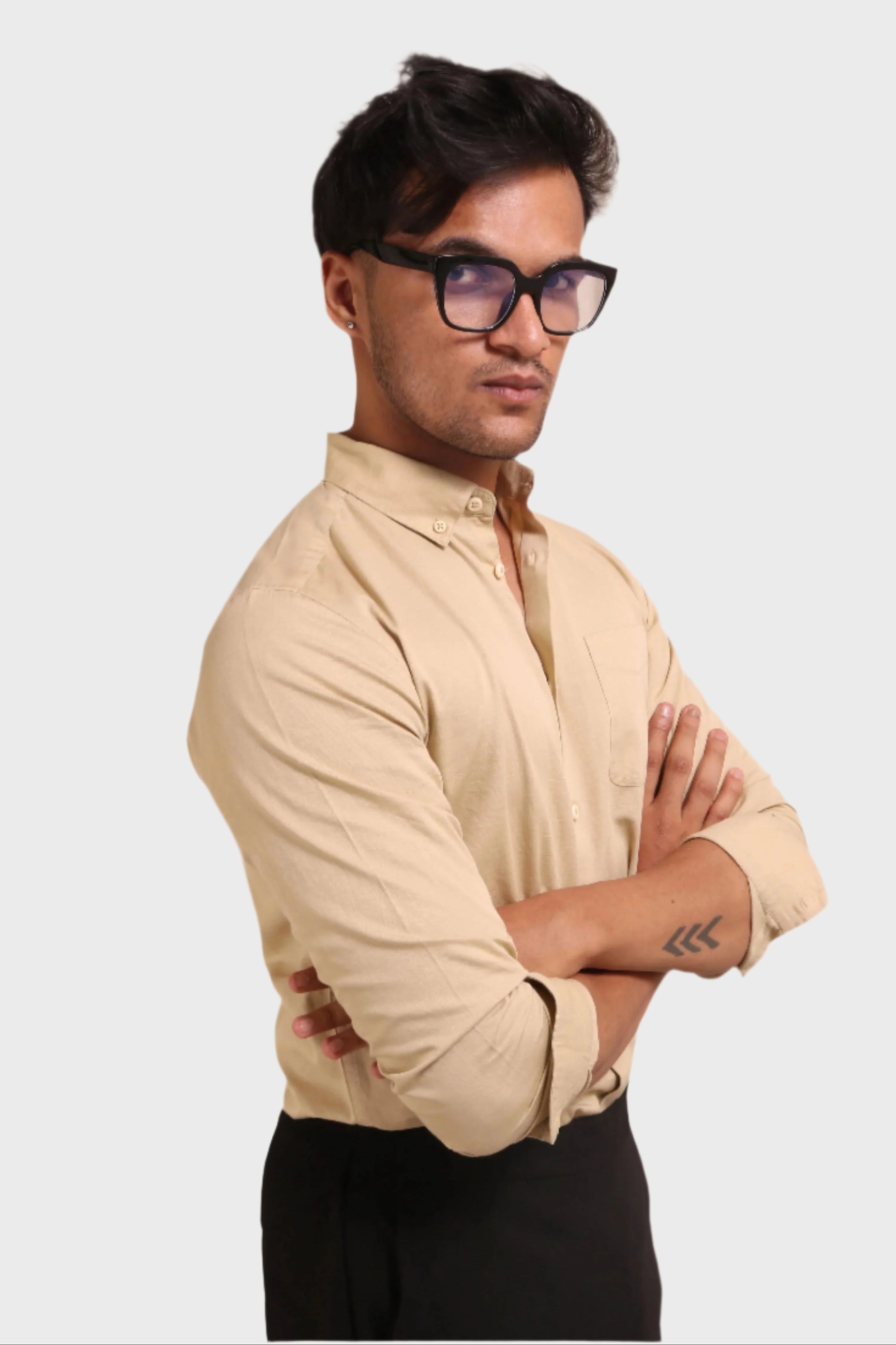 Jonesburg Men's Beige Slub Satin Slim Fit Semi Formal Shirt - L Jonesburg Men's Beige Slub Satin Slim Fit Semi Formal Shirt - L
