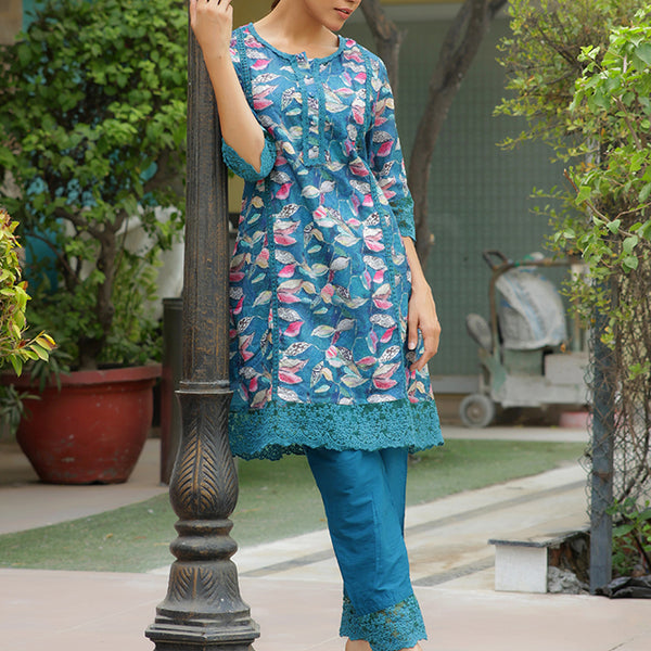 Vaasva Women Cyan Embroidered Printed Kurta Set With Laced Solid Pants - Distacart