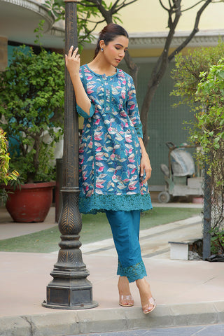 Vaasva Women Cyan Embroidered Printed Kurta Set With Laced Solid Pants - Distacart
