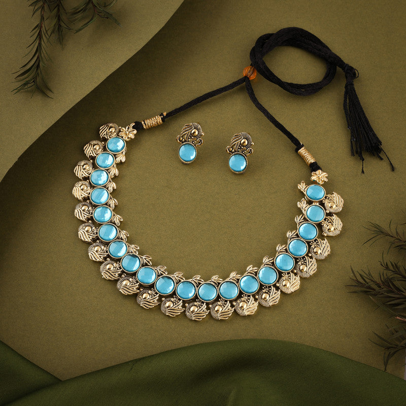 Tehzeeb Creations Sky Blue Colour Gold-Polished Stone Jewellery Choker Necklace Set With Matching Pair of Stud Earrings - Distacart