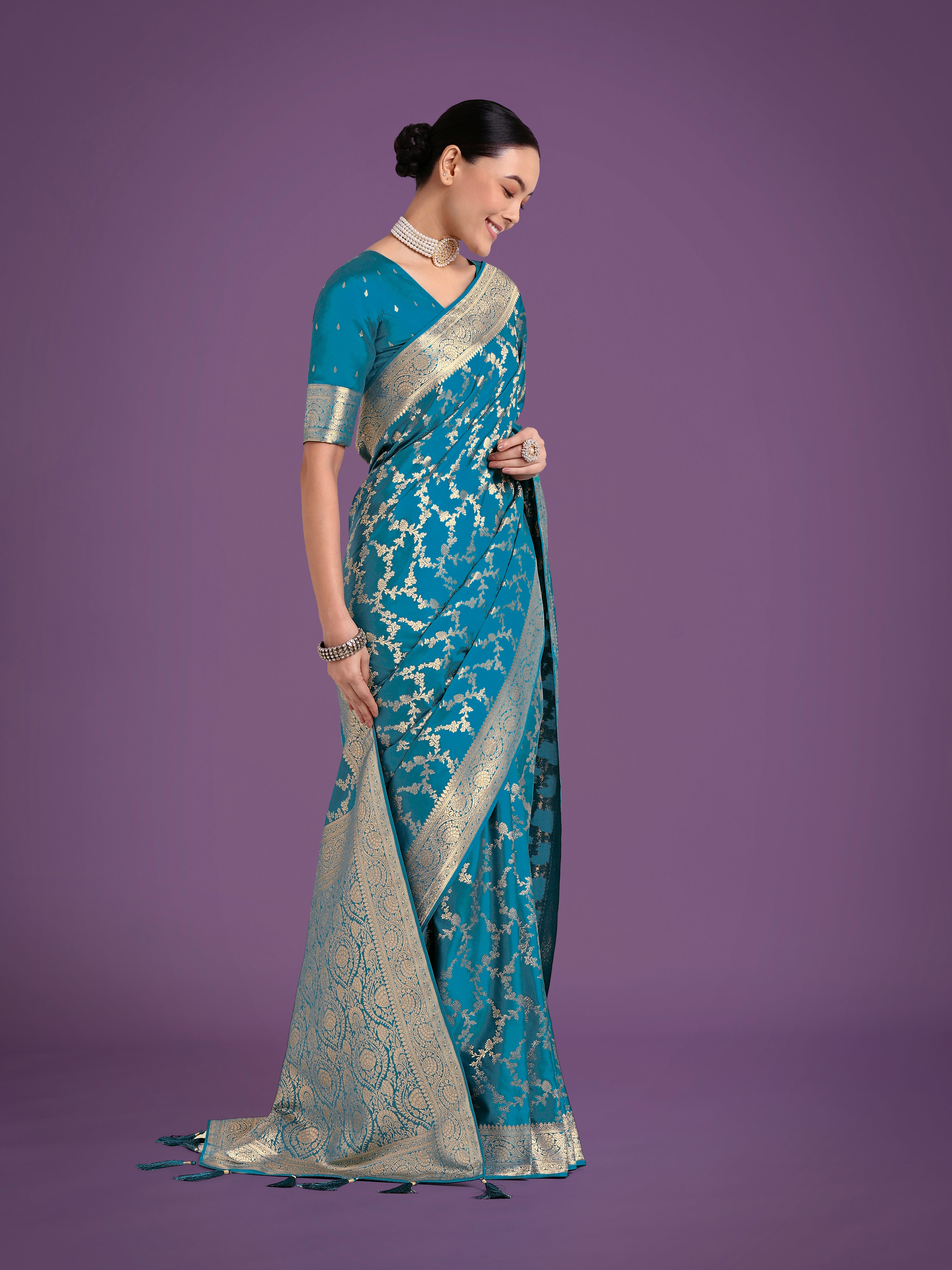 Monjolika Fashion Stunning Cyan blue Banarasi Satin Silk Golden Meenakari Work Saree - Distacart