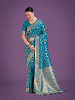 Thumbnail for Monjolika Fashion Stunning Cyan blue Banarasi Satin Silk Golden Meenakari Work Saree
