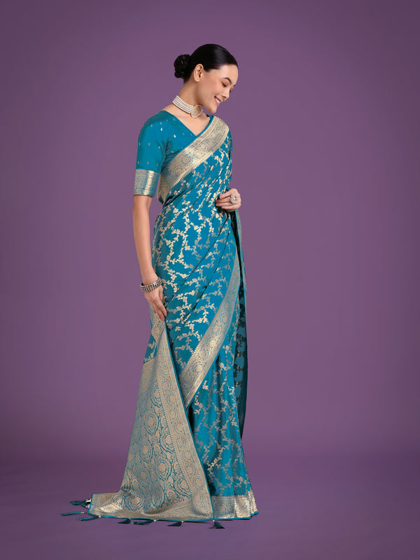 Monjolika Fashion Stunning Cyan blue Banarasi Satin Silk Golden Meenakari Work Saree