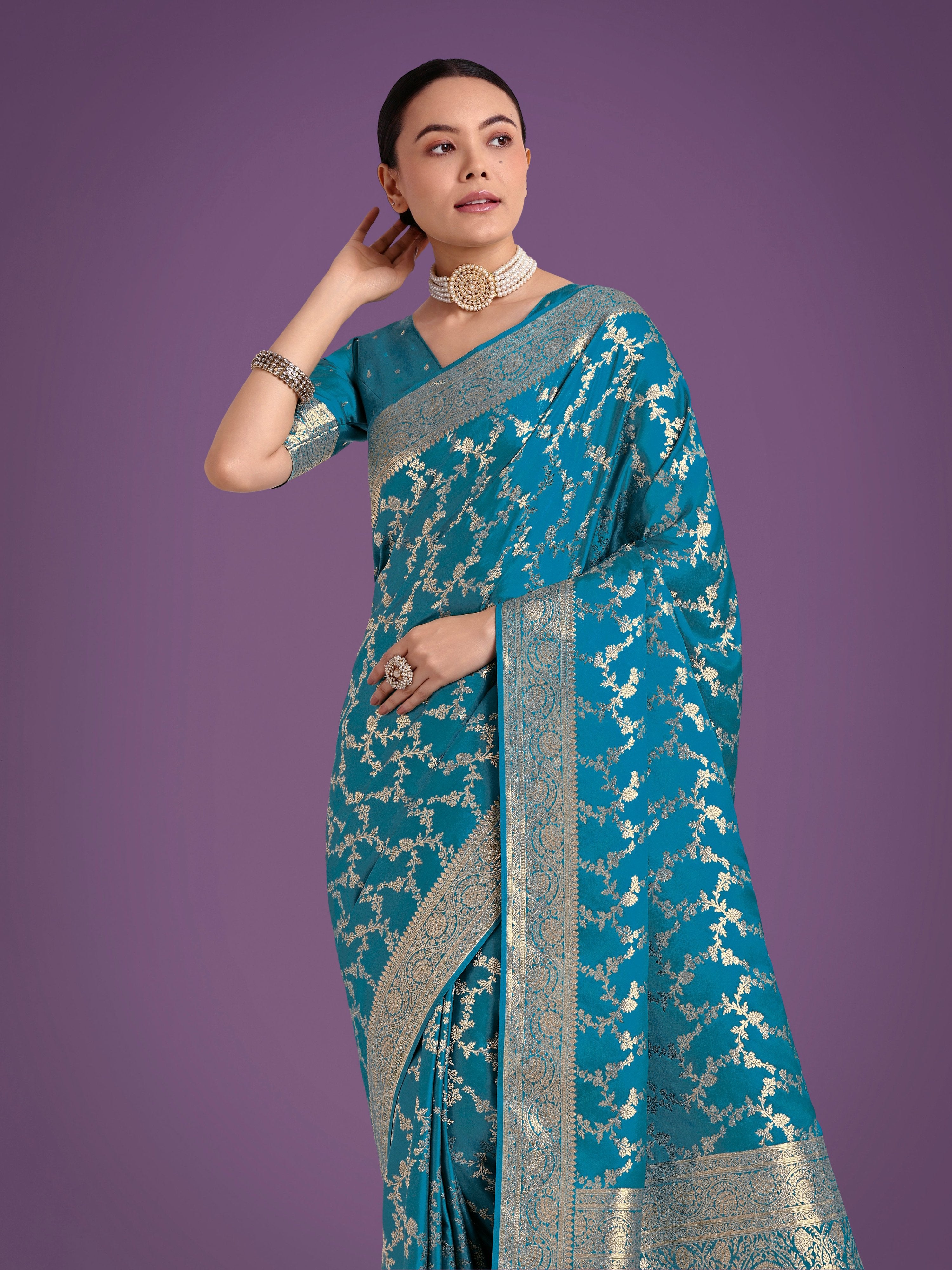 Monjolika Fashion Stunning Cyan blue Banarasi Satin Silk Golden Meenakari Work Saree