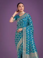 Thumbnail for Monjolika Fashion Stunning Cyan blue Banarasi Satin Silk Golden Meenakari Work Saree