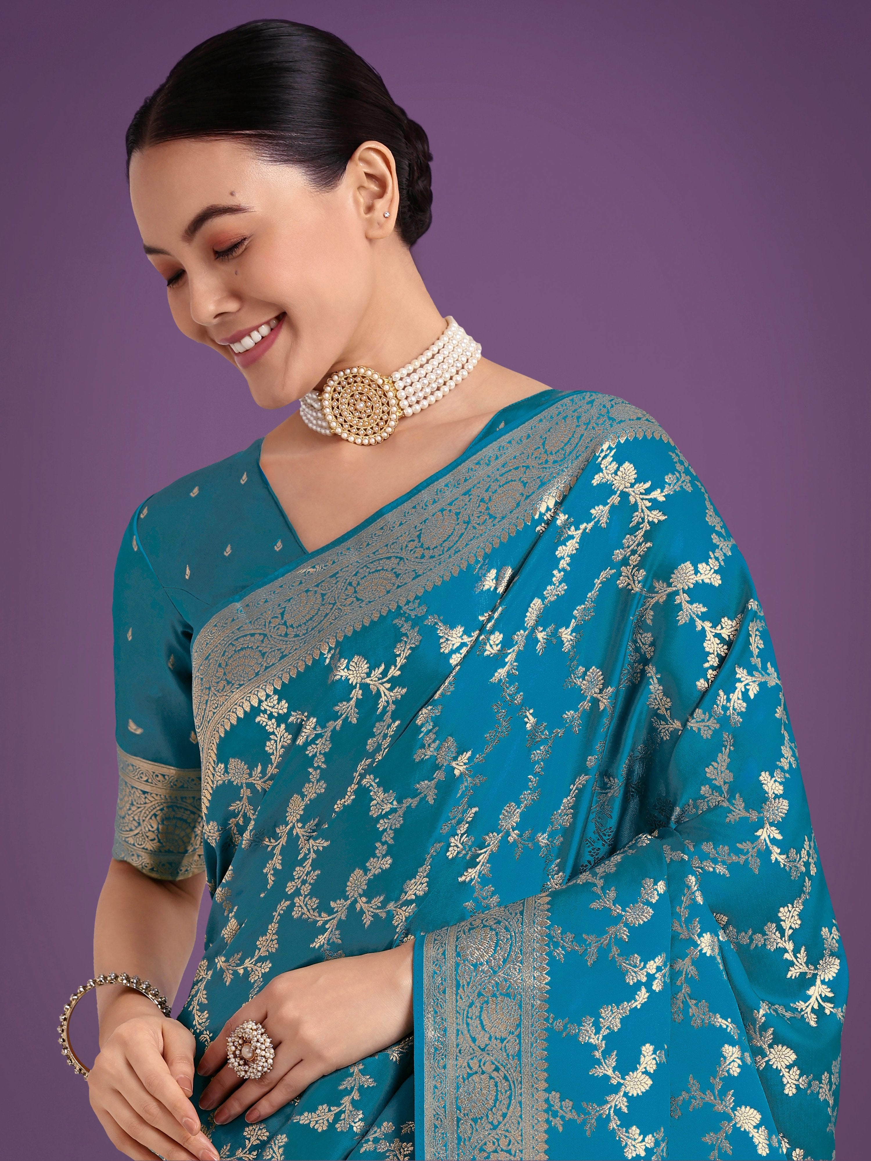 Monjolika Fashion Stunning Cyan blue Banarasi Satin Silk Golden Meenakari Work Saree