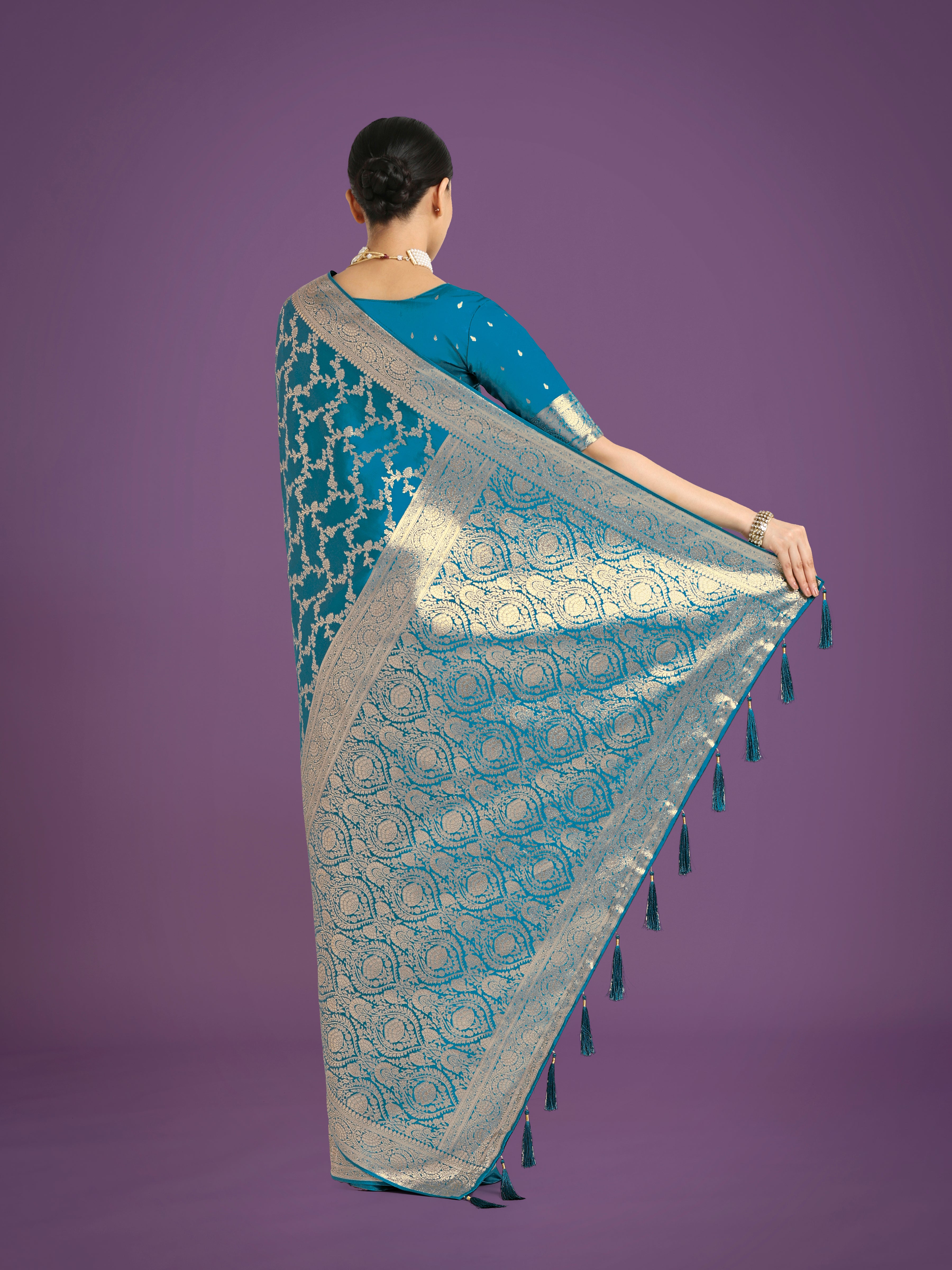 Monjolika Fashion Stunning Cyan blue Banarasi Satin Silk Golden Meenakari Work Saree