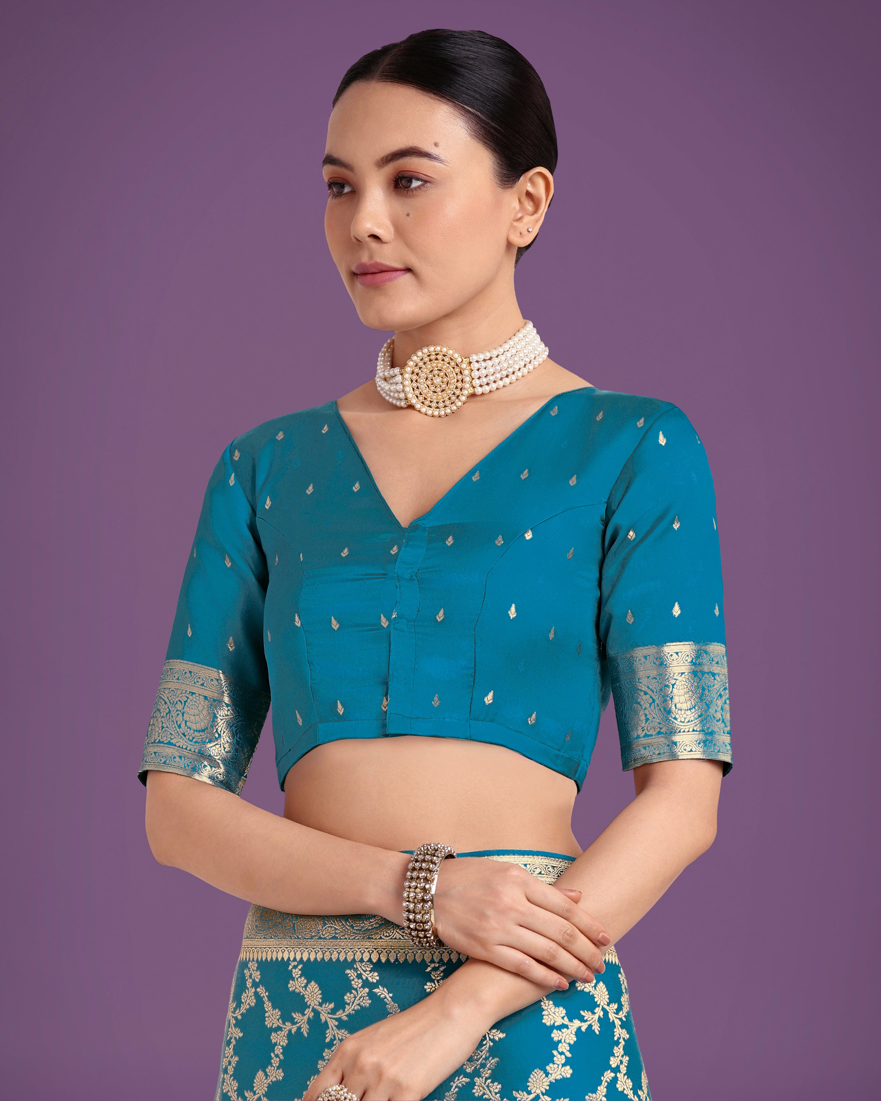 Monjolika Fashion Stunning Cyan blue Banarasi Satin Silk Golden Meenakari Work Saree