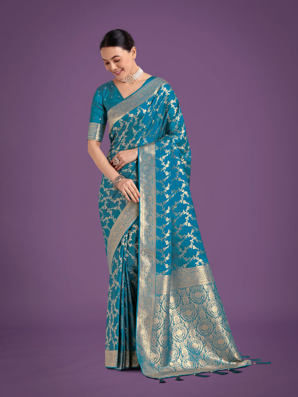 Monjolika Fashion Stunning Cyan blue Banarasi Satin Silk Golden Meenakari Work Saree