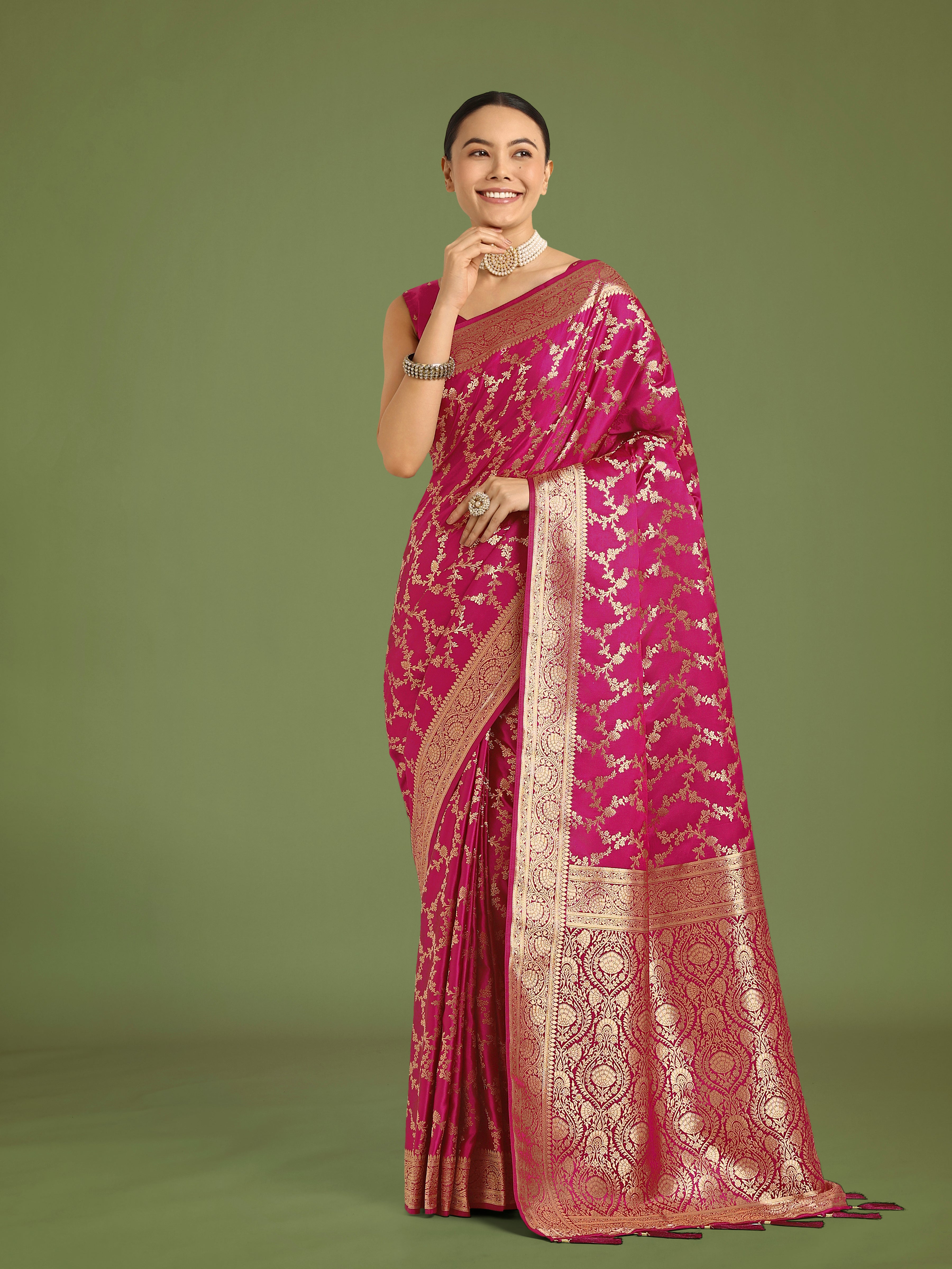 Monjolika Fashion Stunning Rani Pink Banarasi Satin Silk Golden Meenakari Work Saree