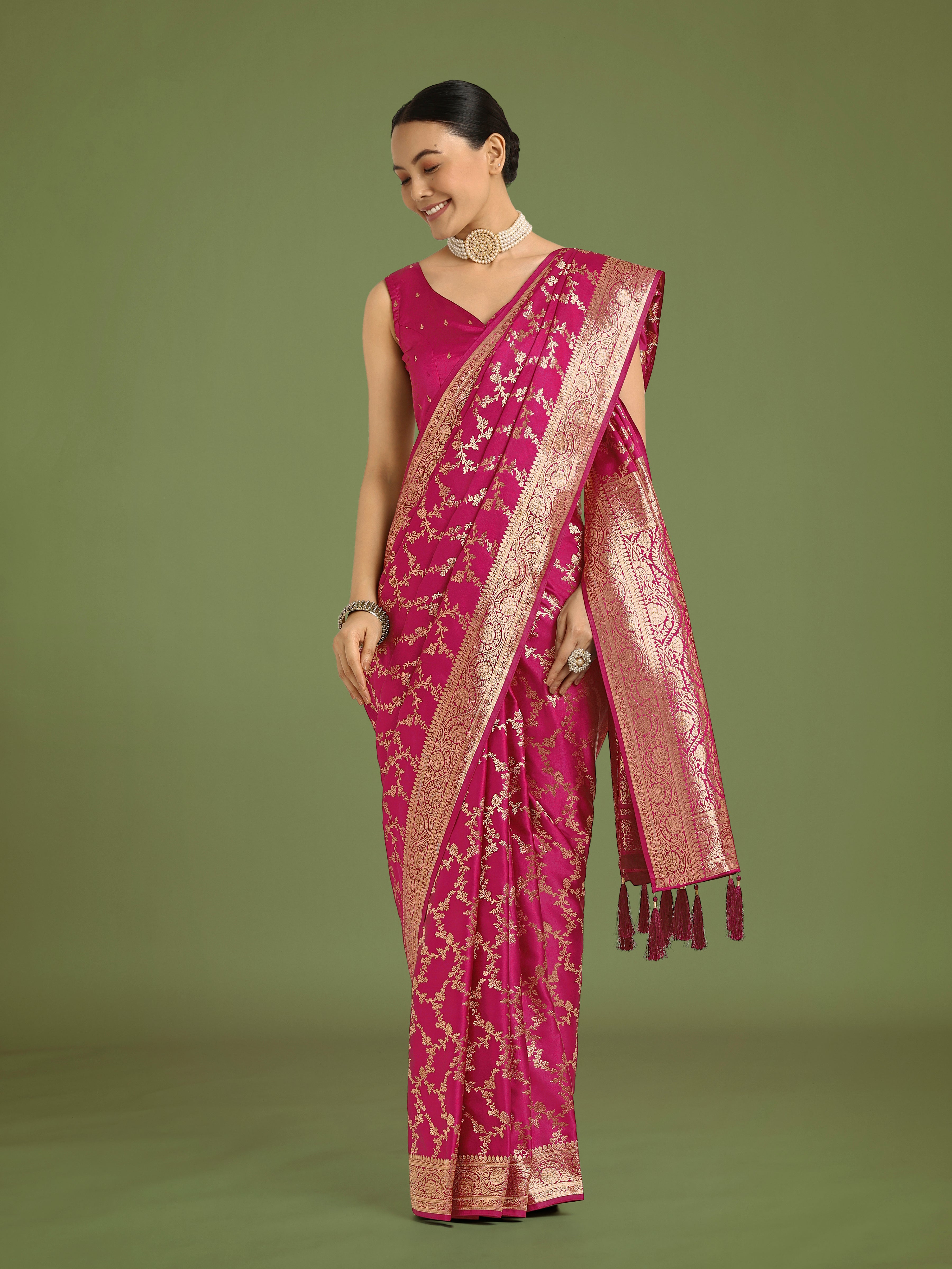 Monjolika Fashion Stunning Rani Pink Banarasi Satin Silk Golden Meenakari Work Saree
