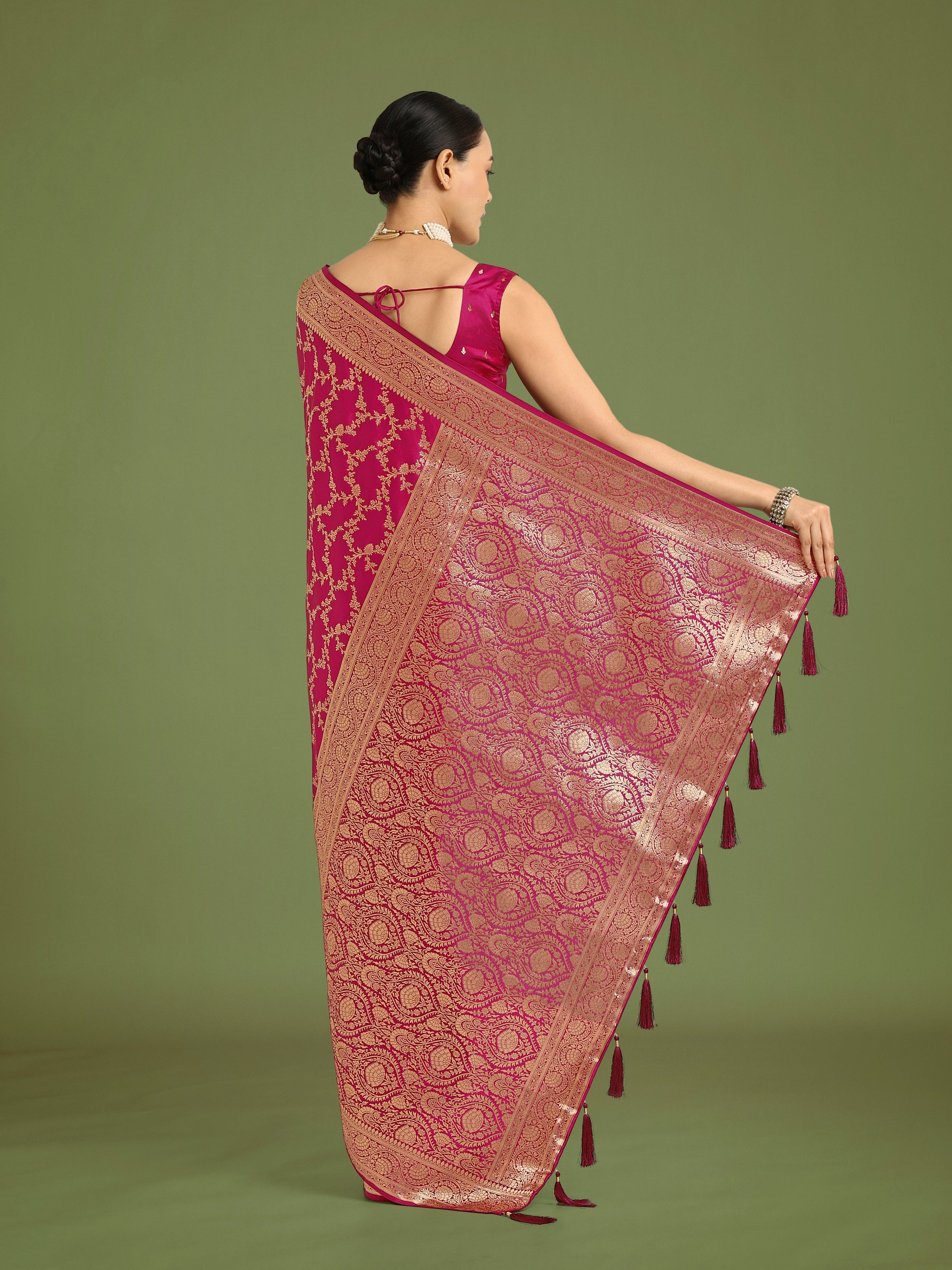 Monjolika Fashion Stunning Rani Pink Banarasi Satin Silk Golden Meenakari Work Saree