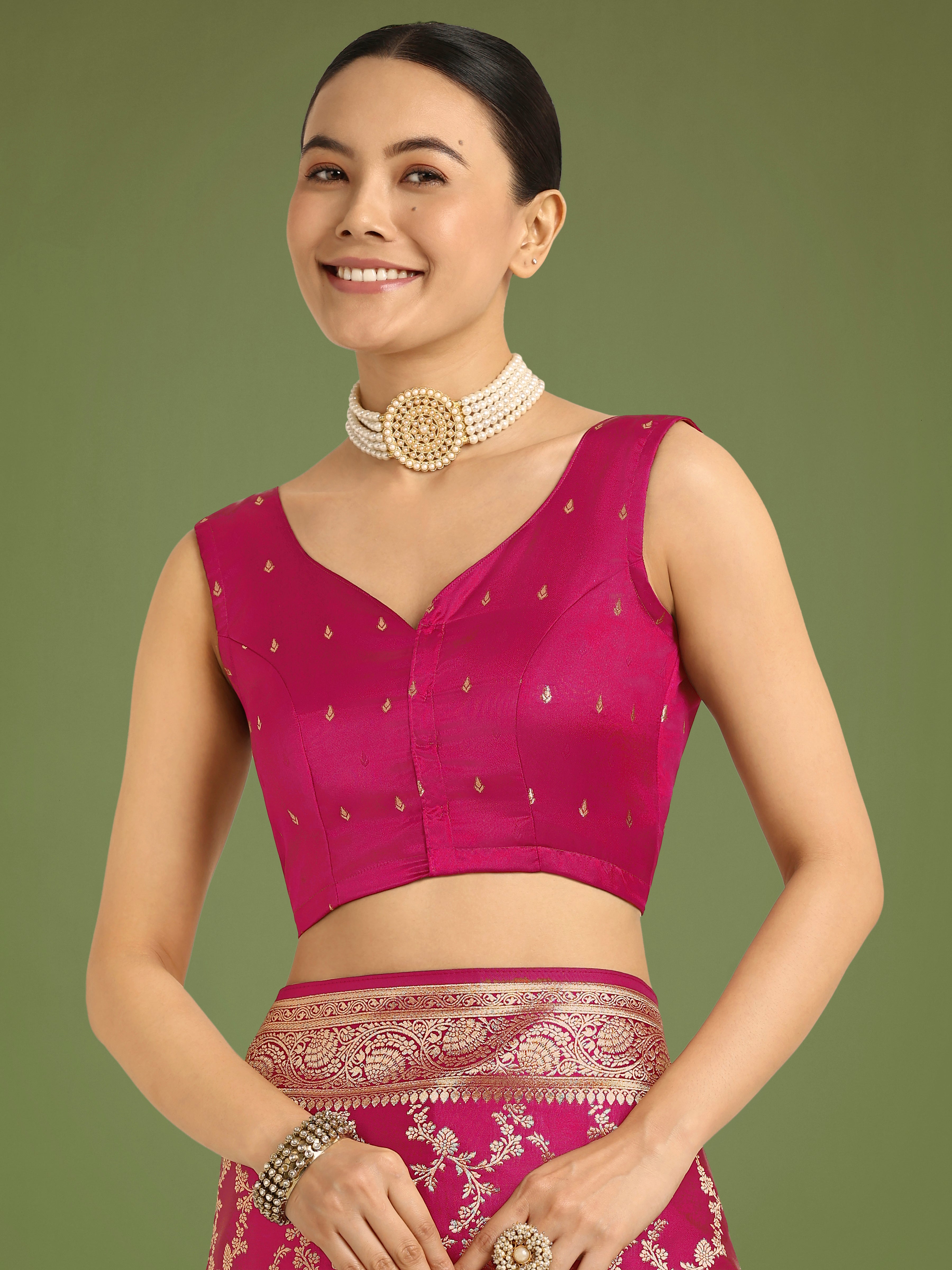 Monjolika Fashion Stunning Rani Pink Banarasi Satin Silk Golden Meenakari Work Saree