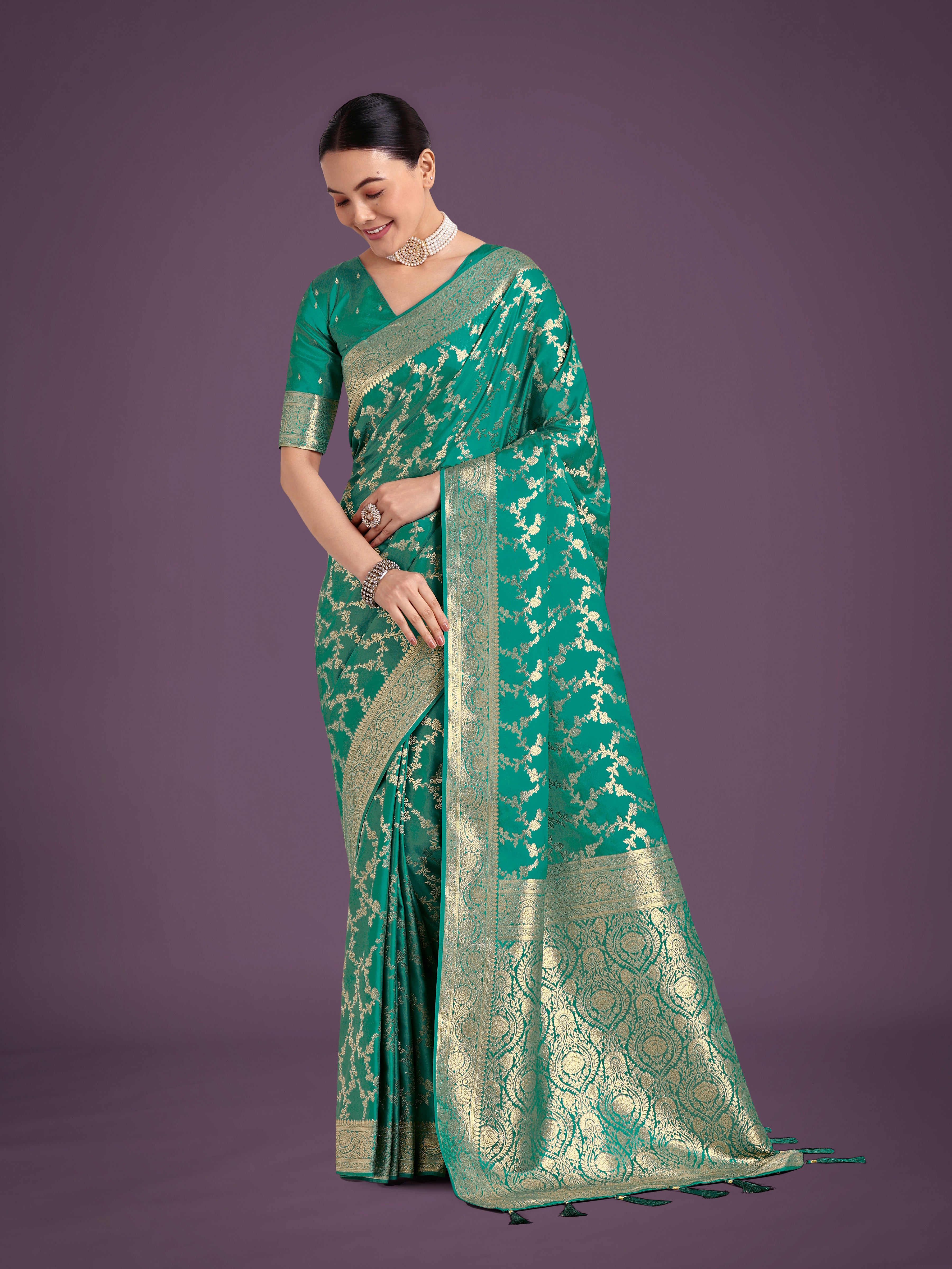 Monjolika Fashion Stunning Turquoise Banarasi Satin Silk Golden Meenakari Work Saree