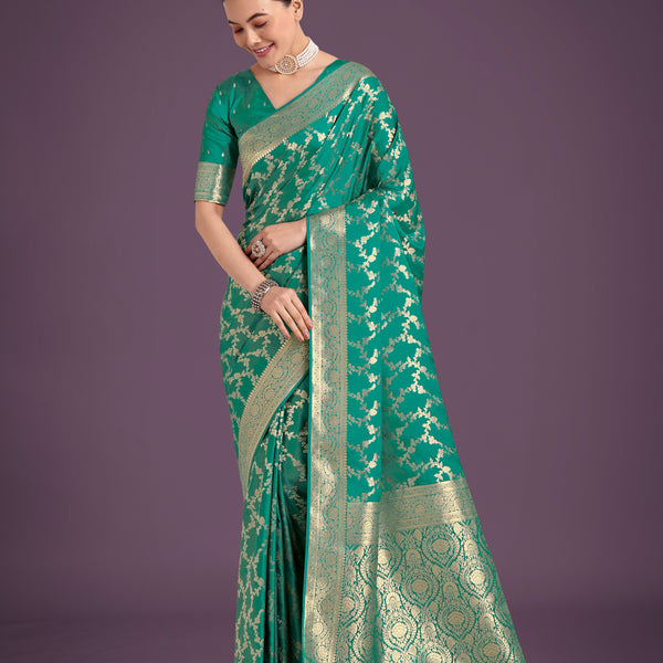 Monjolika Fashion Stunning Turquoise Banarasi Satin Silk Golden Meenakari Work Saree - Distacart