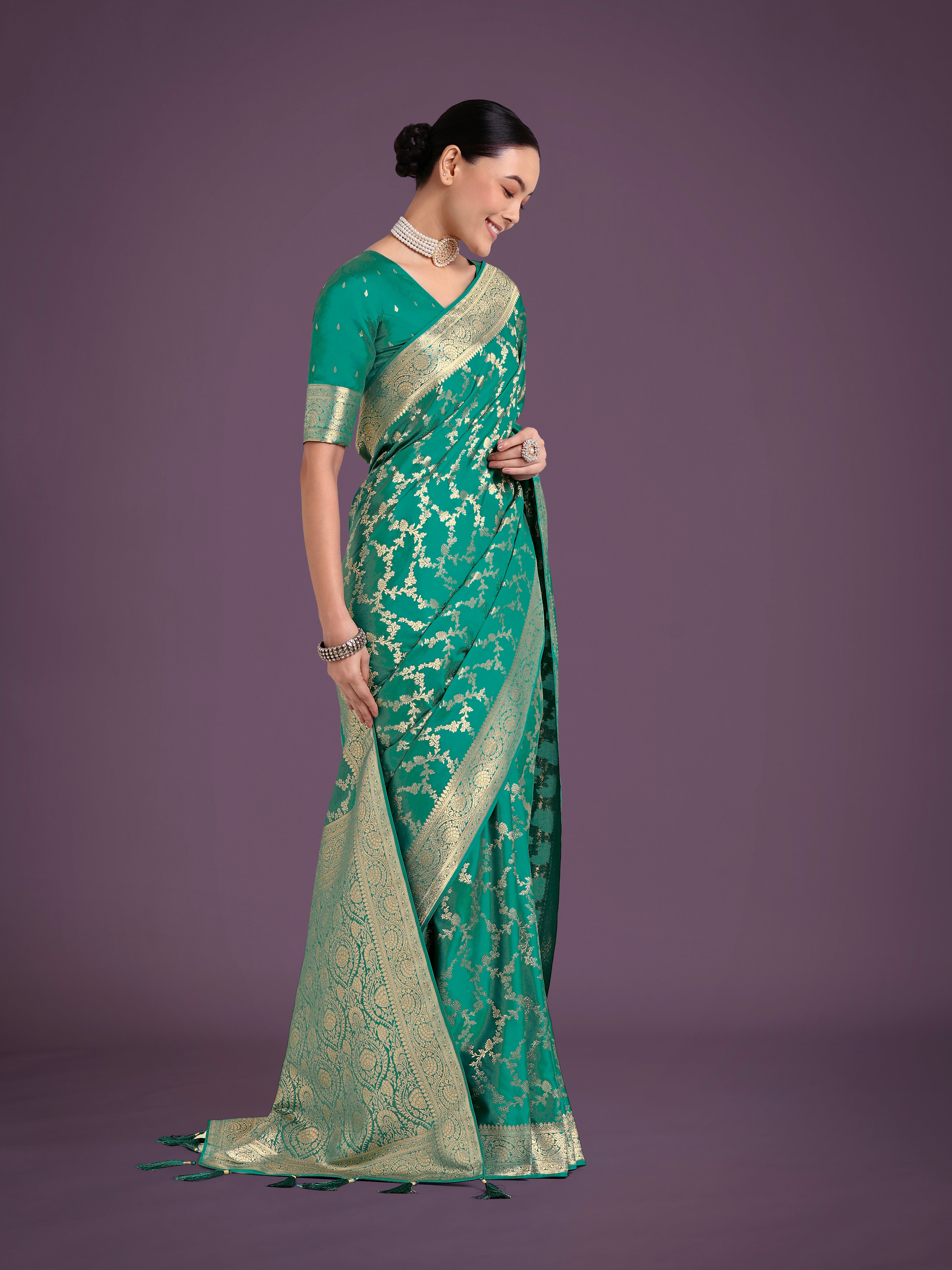 Monjolika Fashion Stunning Turquoise Banarasi Satin Silk Golden Meenakari Work Saree