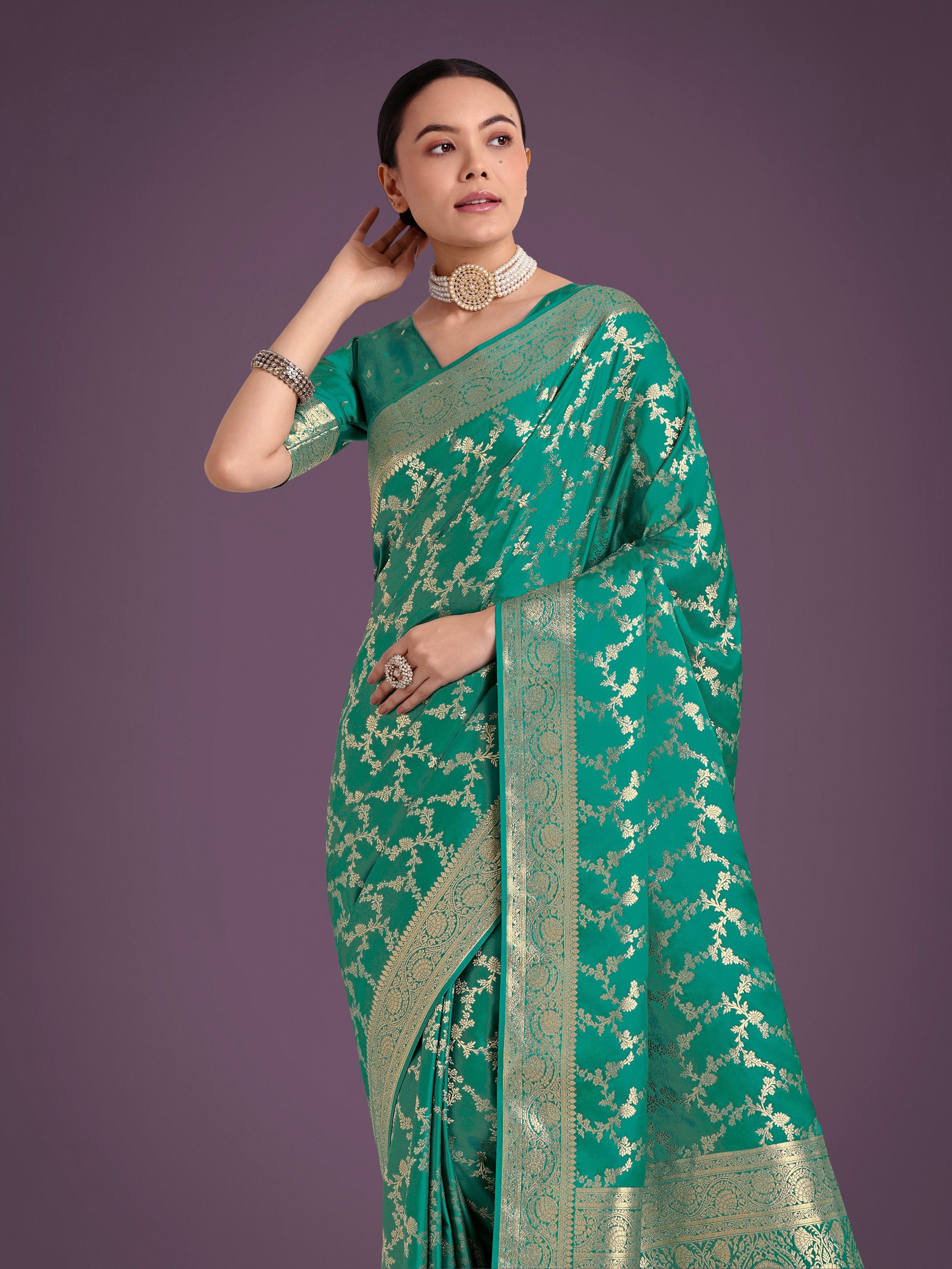 Monjolika Fashion Stunning Turquoise Banarasi Satin Silk Golden Meenakari Work Saree