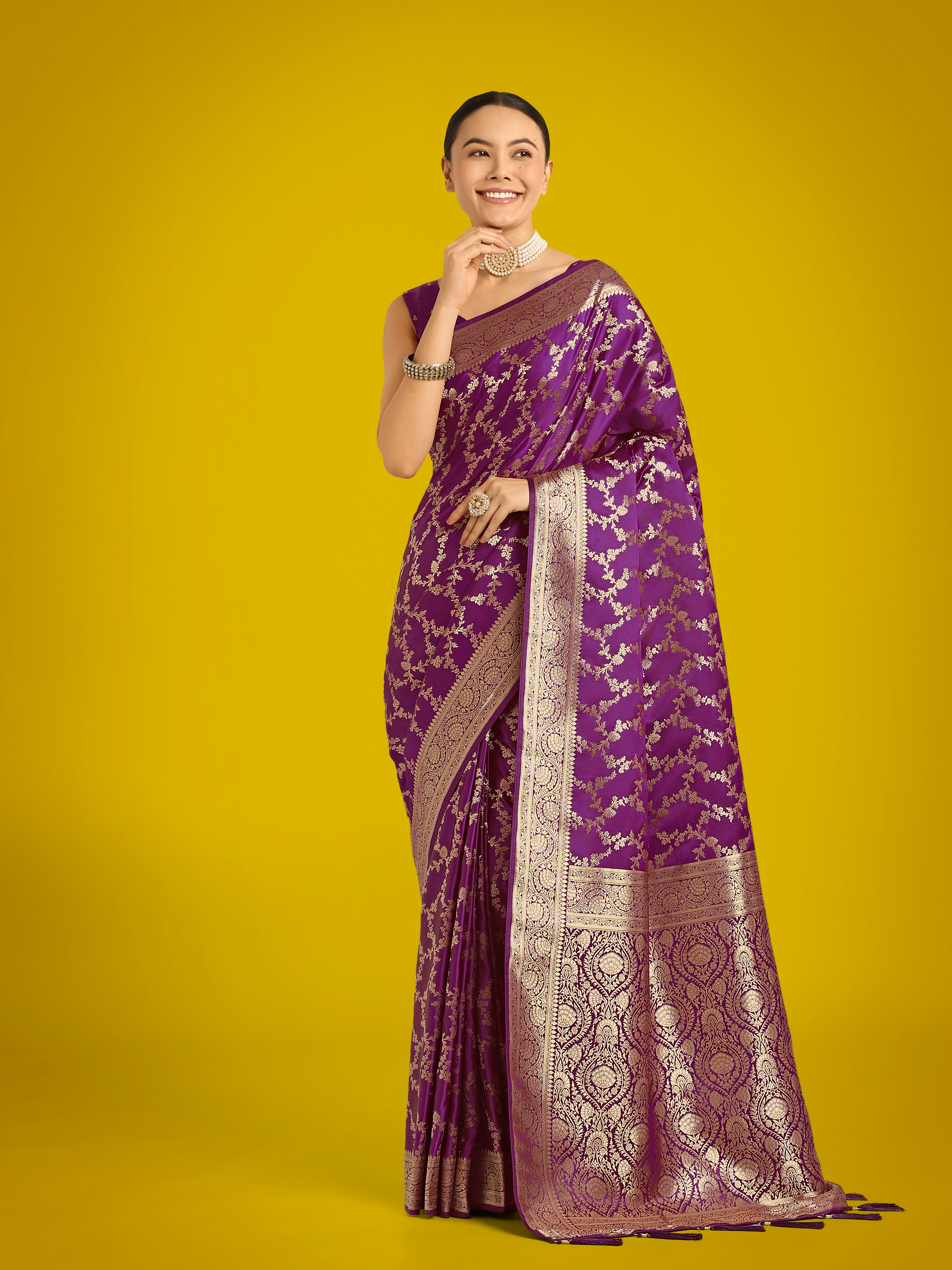 Monjolika Fashion Stunning Purple Banarasi Satin Silk Golden Meenakari Work Saree