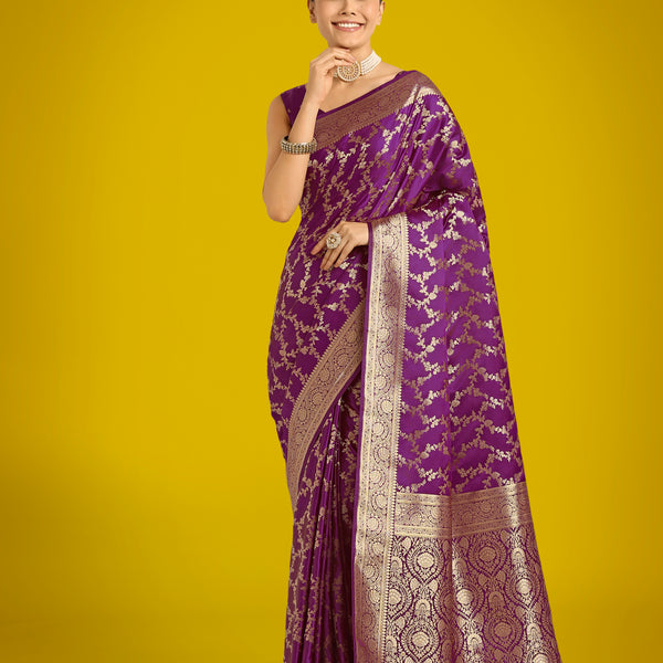 Monjolika Fashion Stunning Purple Banarasi Satin Silk Golden Meenakari Work Saree - Distacart